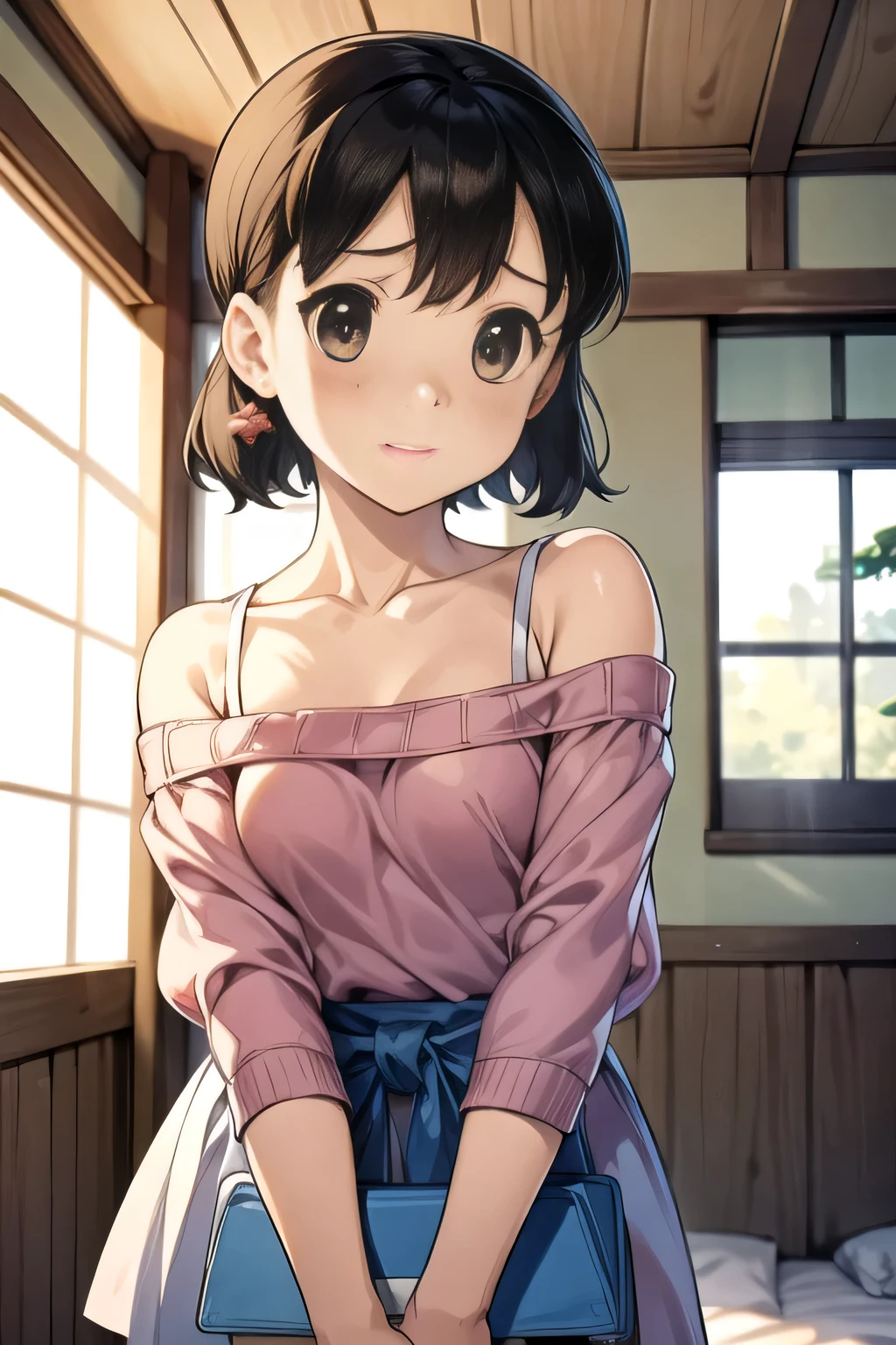 a Japanese woman, wear off-shoulder sweaters only, bedroom, Very small breasts, the viewpoint of peeking at small breasts hidden in clothes from overhead, bending forward, Peek-through Nipples, Artistic, reality, cute, ashamed, Light brown areola, Overlooking, Point of view on the verge of touching the subject, Close-up, drsizukachan1