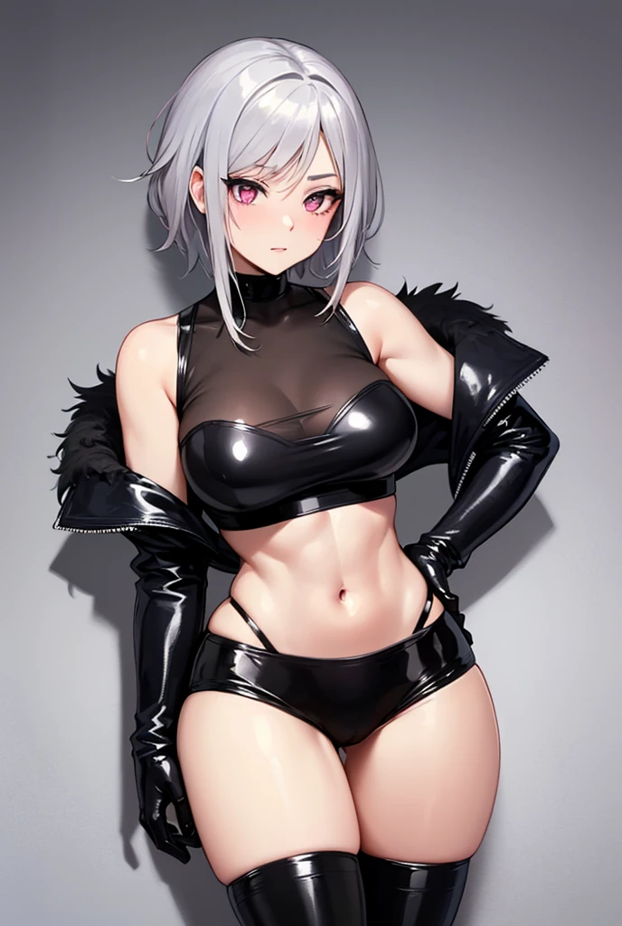(RAW Photo, Best Quality, Masterpiece: 1.2), (Realistic, Photo Realistic: 1.4), (Masterpiece: 1.4), (Best Quality: 1.4), 1 Girl, Solo, :d, Animal Ear Headphones, Animal Ears, Arms Up, Bangs, Blush, Tights, Breasts, Rabbit Pose, Clothes Writing, Covering Belly Pollar, Denim Shot, Crop Jacket, Fake Animal Ears, Gloves, Outdoor, Morning, Snow, Hair Intake, Headphones, Impossible Tights, Impossible Clothes, Jacket, Room, Latex , latex tights, long hair, long sleeves, looking at the audience, room, multicolored gloves, open mouth, pink tights, pink eyes, red eyes, red jacket, shiny clothes, shrugged\(clothes\), sideburns, skin tightness, smile, thigh gaps, thighs, double tails, very long hair, white gloves, white hair, alice \ (nikke\), (shiny skin), reality,