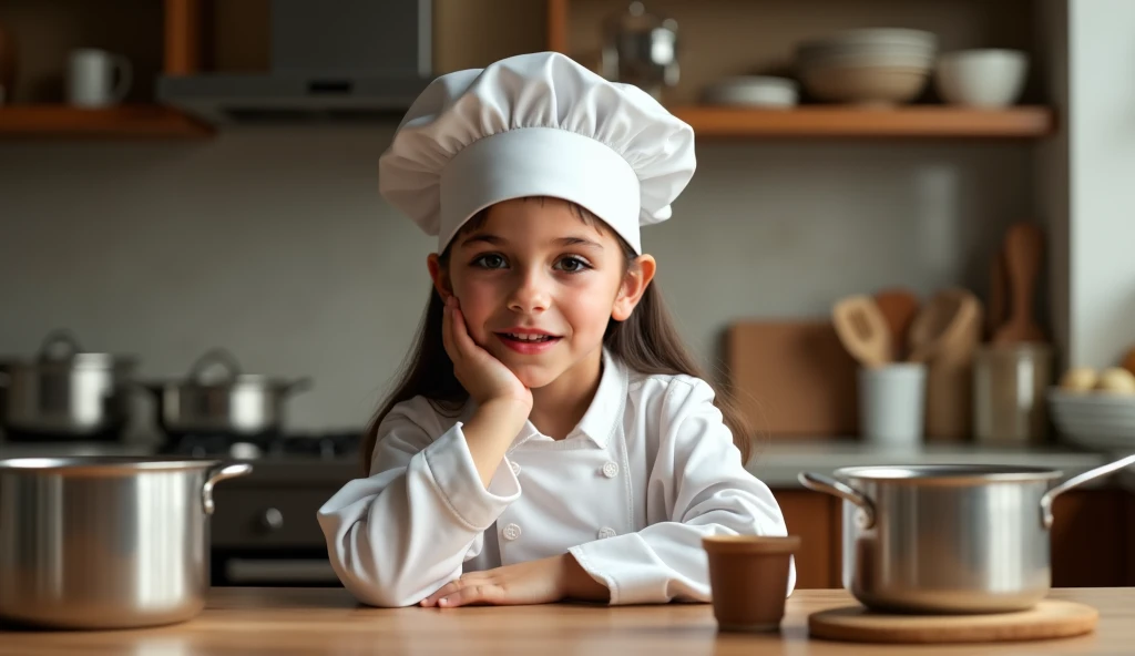  a children its a girl, the theme is a chef, the background is he is in the kitchen make it realistic real person (the subject is in the center, in front if camera cooking ) eyes in front of camera