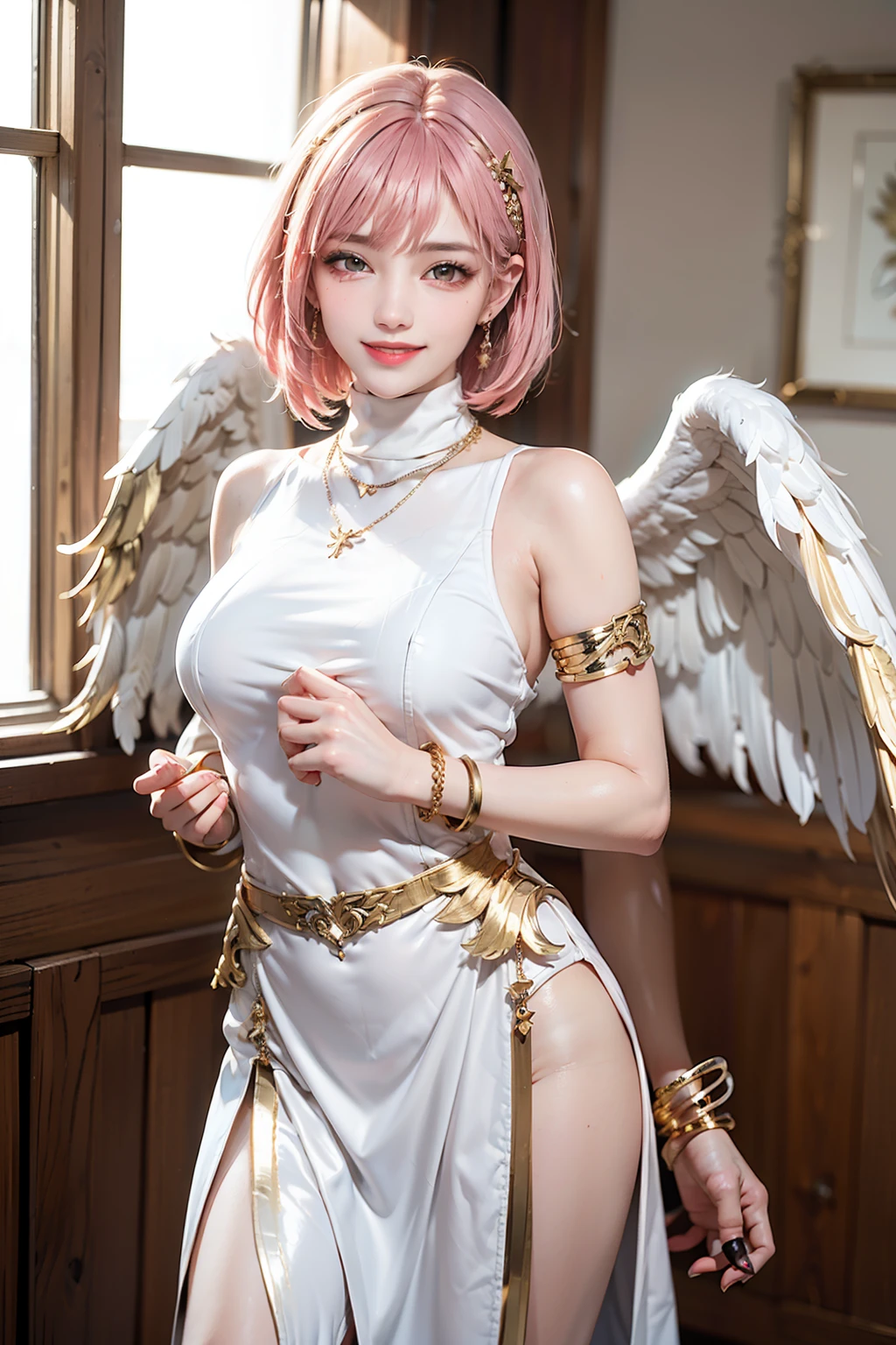 Women, early 20s, short silky pink hair with yellow tips, angel wings, gold armlet, gold bracelet, golden eyes, smug, smirk, one raised eyebrow, golden hair pins, white turtleneck greek one-shoulder fine silk dress, standing up.