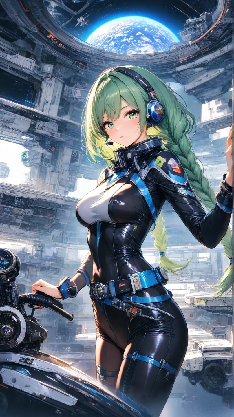 1female, solo, 21 years old，mature，plumw，extremely large bosom ，Pornographic exposure， solo，（Background with：stadium） She has short green hair，bobo head，(((green hair))), Station，seen from the front， hair straight， mostly cloudy sky，（（（tmasterpiece），（Very detailed CG unity 8K wallpaper），best qualtiy，cinmatic lighting，detailed back ground，beatiful detailed eyes，Bright green pupils，（Very fine and beautiful），（Beautiful and detailed eye description），ultra - detailed，tmasterpiece，）），facing at camera，A high resolution，ultra - detailed），revealing breasts，Bare genitals，  Bulge，legs are open，Raised sexy，Camel toes，Flushed complexion，Open-mouthed，frontage, racer, sitting next to the car, ((green race Porsche))（Wearing：black jacket, Track and field suits，White pantyhose，Black and green color scheme）racer uniform armor, (((under boobs)))