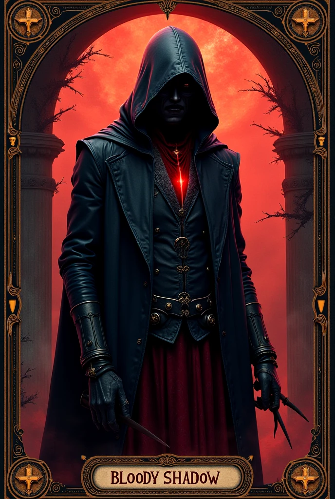 High Quality, 8K ultra HD, tarot card design about a gothic supernatural character from the "Ace of Vampires:" "The Bloody Shadow" represents the beginning of the mystery . With a frame or margin with a tarot.