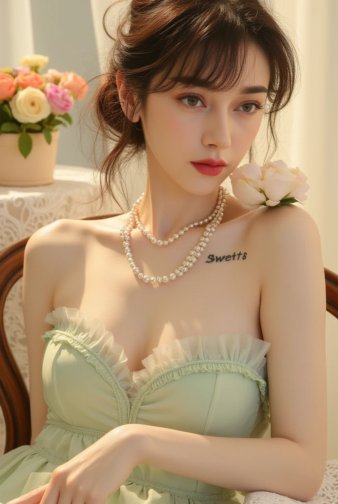 ((Top Quality, 8k, Masterpiece: 1.3)), ,solo,1 girls, sexy,  Beautiful girl with accentuated slender abs: 1.7, (Random hairstyle, flat breasts: 1.2),  Ultra detailed face, detailed eyes, double eyelids,(dress:1.3),(super shiny pearl pink clothes:1.3),(necklace:1.3),(earrings:1.3),