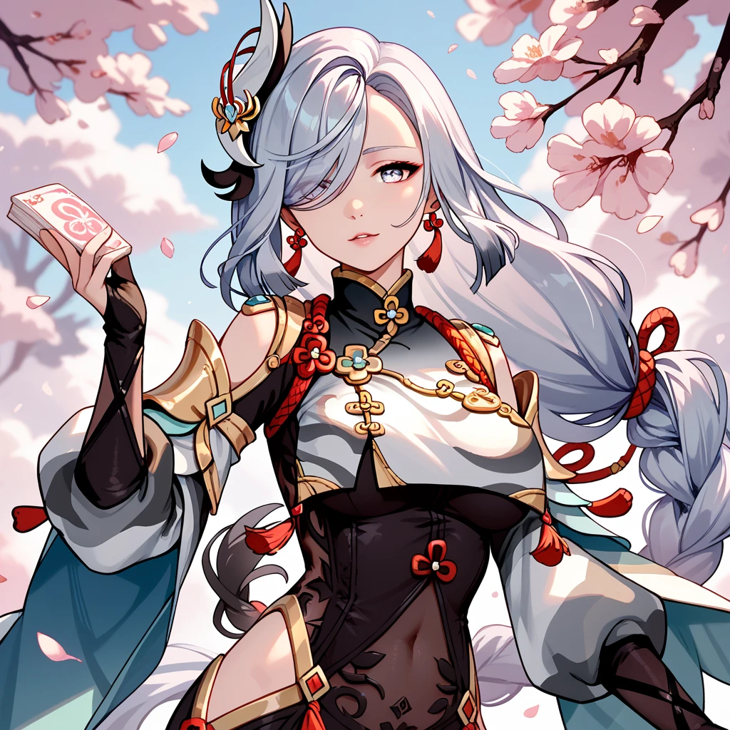 (best quality,4k,8k,highres,masterpiece:1.2),ultra-detailed,(realistic,photorealistic,photo-realistic:1.37),Genshin Impact Shenhe, School Uniform,beautiful detailed eyes,beautiful detailed lips,extremely detailed eyes and face,longeyelashes,portraits,anime,studio lighting,vivid colors,in a vibrant garden setting,fall foliage,wind gently blowing the leaves,long straight white hair cascading down her back,confident and elegant posture,standing in front of a traditional school building with cherry blossom trees,lively atmosphere of students in school uniforms,shimmering sunlight filtering through the trees,soft warm color tones with a touch of pink and orange,subtle shadows and highlights accentuating the features,meticulously painted textures and intricate details in the uniform and surroundings,gorgeous traditional Japanese architecture as the backdrop,expressive eyes reflecting determination and ambition,subtle hints of magical energy surrounding Shenhe,creating an enchanting and captivating scene.
