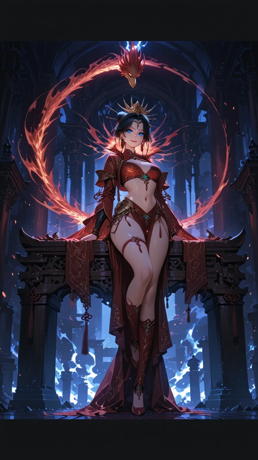 ((best quality)), ((masterpiece)), (detailed), 1girl, full body, long black hair, full body, skimpy red mage clothes, big d-cup breasts, round hips, white skin, blank gray background, mage attack pose
