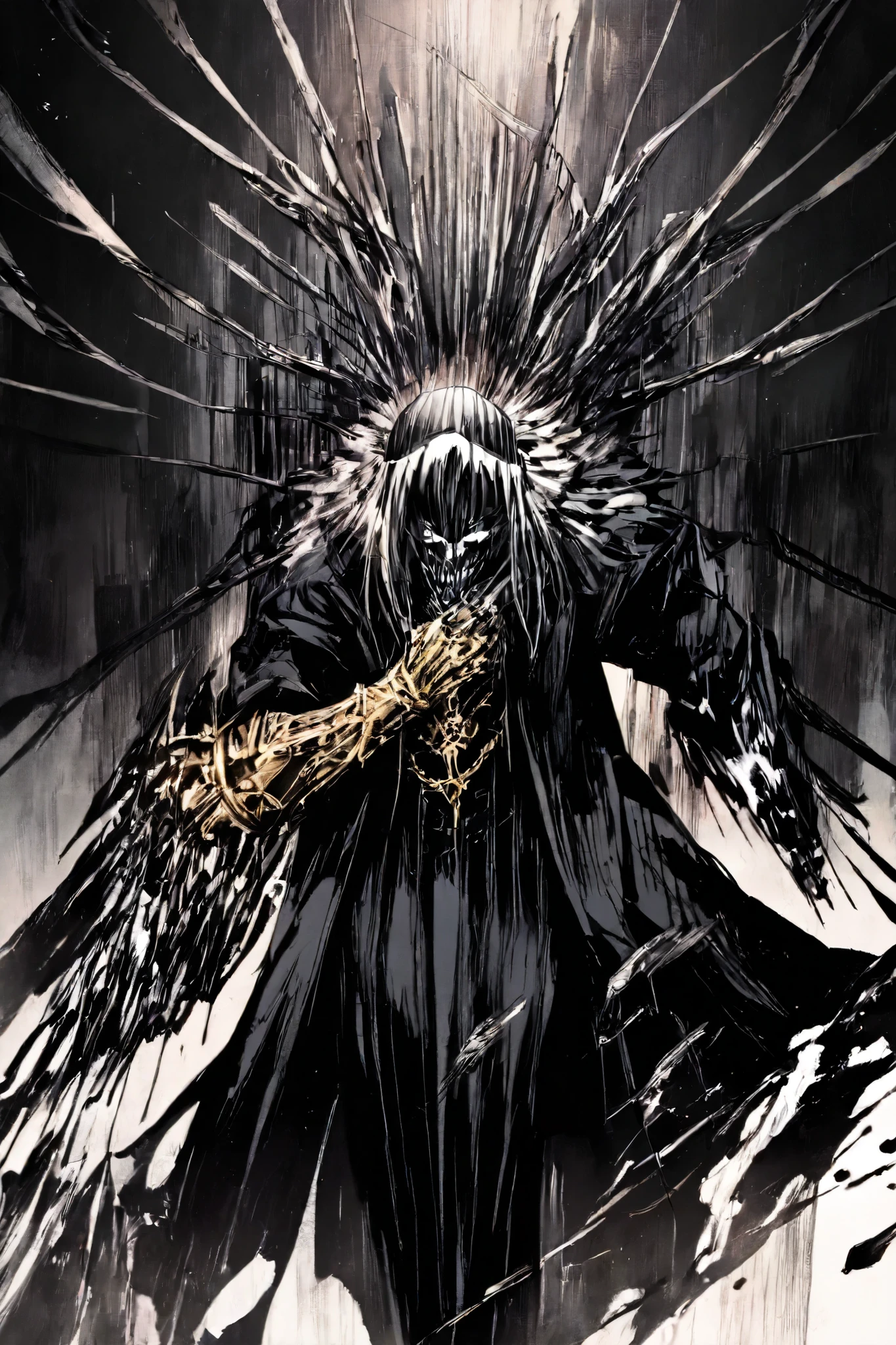 He has a Gothic design with a long jacket, gold ornaments and his right arm covered by the cursed gauntlet. His hair is long and dark, with white tufts as if his body were in constant conflict between humanity and demonic corruption.