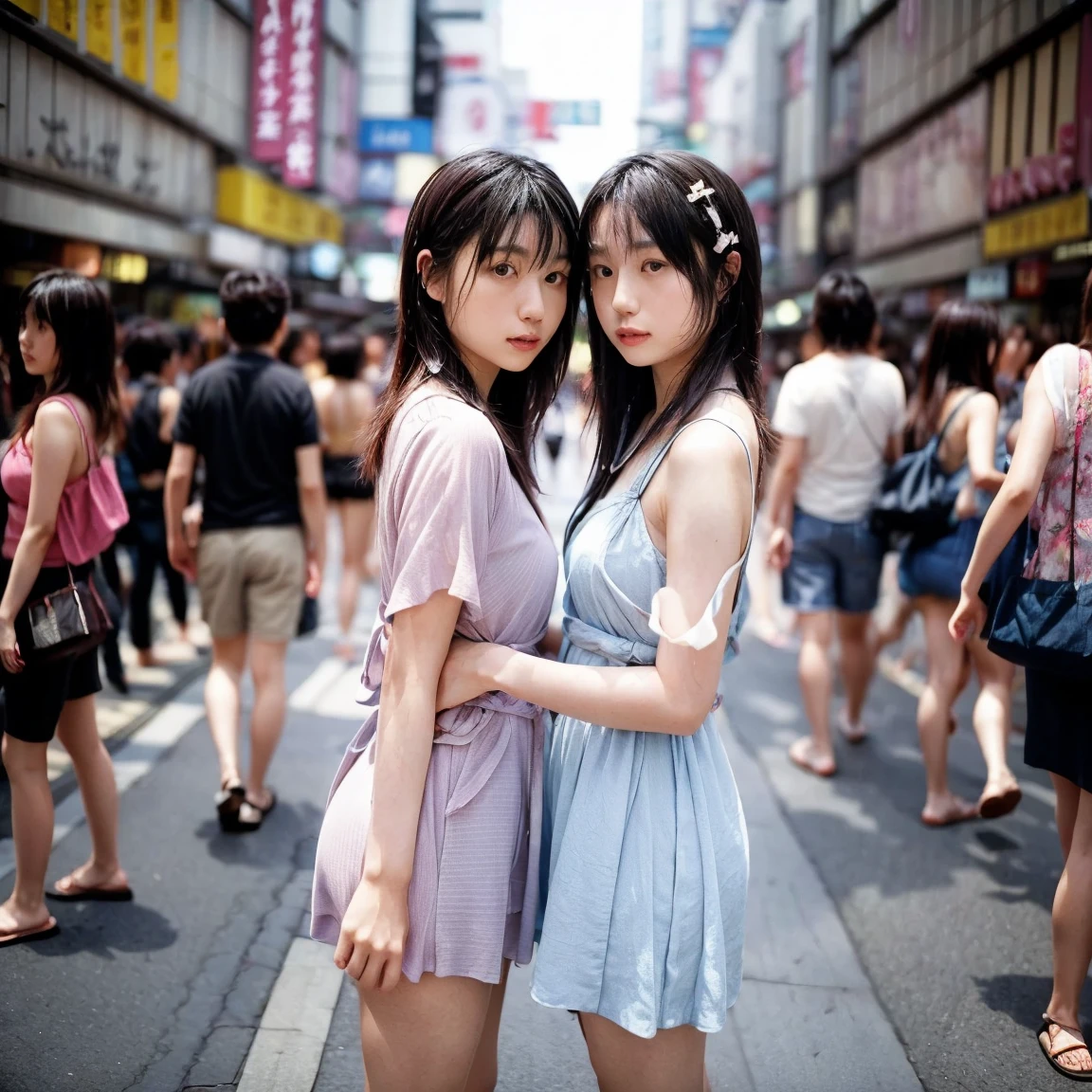 NSFW,masterpiece,best quality:1.4),(8k,raw photo,photo realistic:1.2),best quality,high quality, masterpiece,detailed,high resolution,shiny skin,detailed skin,detailed face,detailed eyes,mutated hands and fingers,lightning body,a japanese 16yeaold 2girls,they have 5 fingers,2girl hight 163-168cm,Full body shot, outdoors, skinny body,small breasts,ng pose,thin eyebrow, nude, nipples,Hessnesavel, smile, looking at viewer, black hair, long hair or medium hair, brown eyes, bangs, toenails, blush, stomach, barefoot, 2girl, small breasts, completely nude,fot pubic hair,Japaenyo shibuya scramble Large crowd of spectators at the Cherry blossom trees,Cherry blossom petals are dancing,spring,daytime,pose,