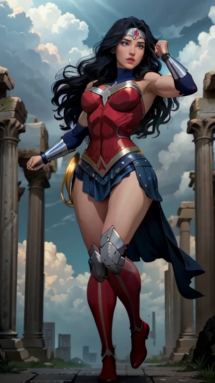 ((full body photo, standing, feet on the ground)) (Adriana Lima :1.1) Red lips, green eyes, ((full body photo, standing, feet on the ground)) Wonder Woman stands imposingly in a city from Themyscira. The scenery is lush. The camera details everything, a warrior woman, cover with stars, (work of art, maximum quality, best quality, official art, beautiful and aesthetic:1,2), (1 girl:1,4), extremely detailed, Losing money , Sensual, Full body, sensual pose,