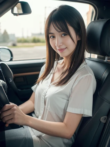 (Photorealistic: 1.4), Masterpiece, Ultra High Resolution, RAW Photo, Best Quality, (Smile with Teeth: 4.0), (Big Smile: 2.5), (White Teeth: 2.0), (Sexy: 1.4), Raw Photo, 1 Beautiful Wife of Japan, White Skin, (Cute: 2.0), (Eyes Downed: 2.0), (Large, Round Eyes: 2.0), (Moisturized Eyes: 2.0), ( Upper eye at the camera: 3.0), (eyebrows lowered into a figure eight: 2.0), blush, slender, brown and black short hair, (clothes with clear breast lines: 1.8), (exposed breasts: 2.0), driver's seat of the car, palms,