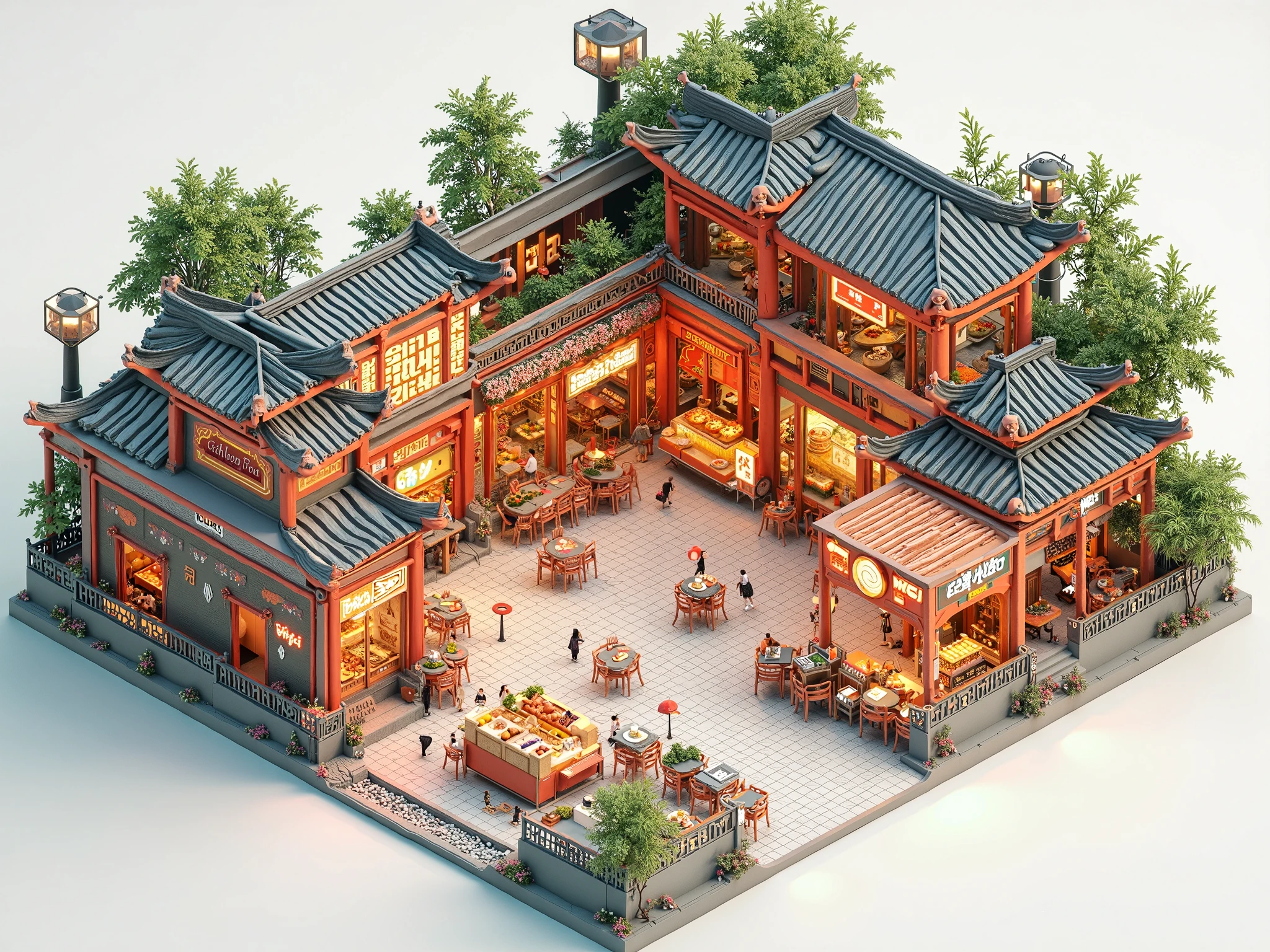 Make me a 3D architect plan, of a food court with different food stalls