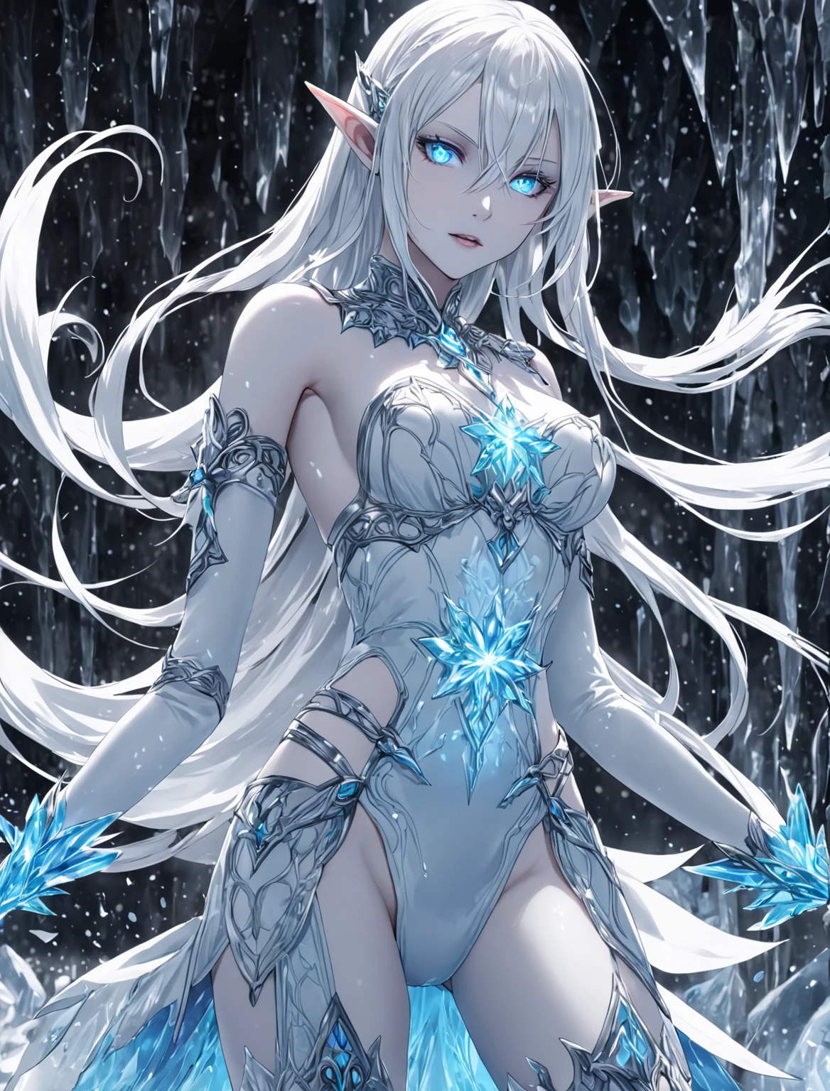 imposing freezing spirit, skin made of ice, crown of ice, floating ice crystals cover, (body made of solid ice), aura of intense cold, creating ice storms and projecting ice squalls. Frozen ruins scenery, elf ears, (fully body), bluish skin, anger