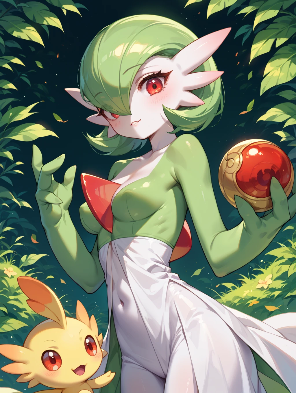 (masterpiece:1.2, the best品质), Actual, (live-action, Intricate details, Depth of written boundary), masterpiece, the best品质, masterpiece, the best_quality, 1 person, alone, inheritance, biologys \(common\), game freak, Nintendo, Pokemon, Pokemon \(game\), bangs, commonlored skin, Focus on women, Minamoto Koemon, Green Hair, Green skin, hair commonvering one eye, multicommonlored skin, Pokemon \(biology\), Red eyes, short hair, Two-tone skin, White skin, Rabbit, black tights, , Crazy Expansion, Drooping, Larger than the shoulder blade, Hourglass Shape, Thin waist and thick hips, 骨盆Larger than the shoulder blade, Fitness Model, Red cheeks, Shy and nervous expression