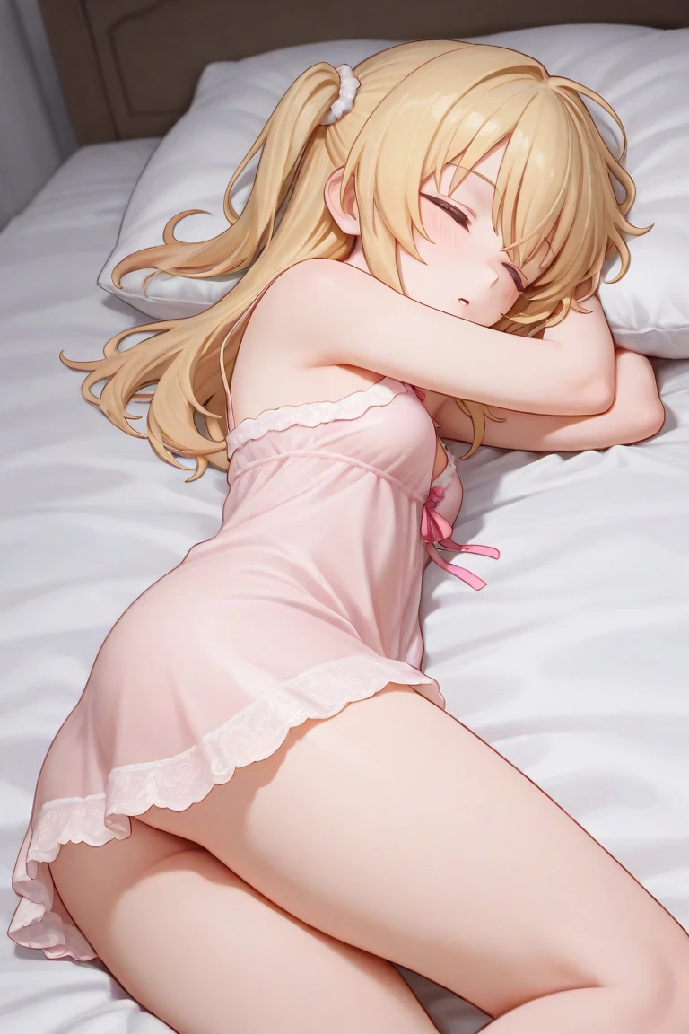 (best quality, masterpiece),full body, 1 girl, solo, mine ,nsfw, details, (Light and shadow oxtail , Cute girl posing on pillow ,steam, pillow humping,(pillow ride), masturbation, pillow straddling, crotch rub, hump,open mouth , kneeling,(Steaming hot),(pillow), (((frilled pillow))), base on anime, LatifaFleuranza, blonde hair, blue eyes, very long hair, tiara, LatifaPajama, pajamas