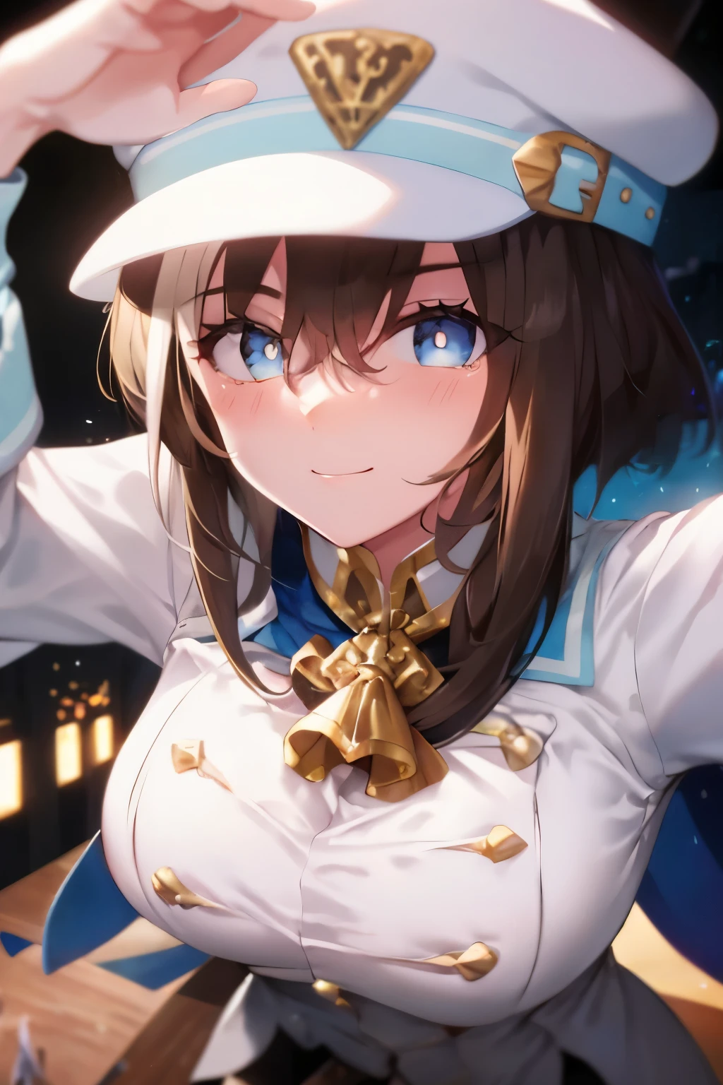 (table top.highest quality).(dynamic angle). (CG painting with very impressive details),(perfect image)、comic strip.shape.1 girl.detailed face、perfect face.delicate face、girl in delicate clothes、girl wearing a hat、rough skin、black hair.length、(Umamimi Girl)Umamimi Girl、((beautiful blue eyes)).delicate and beautiful eyes、fine eyes、reflected eyes、smile.(look at the audience:1.3).(face is a little red:0.8)、8k wallpaper、cowboy shot、reflected light、most detailed、Complex、delicate background、rough skin、fine skin、(super resolution)、