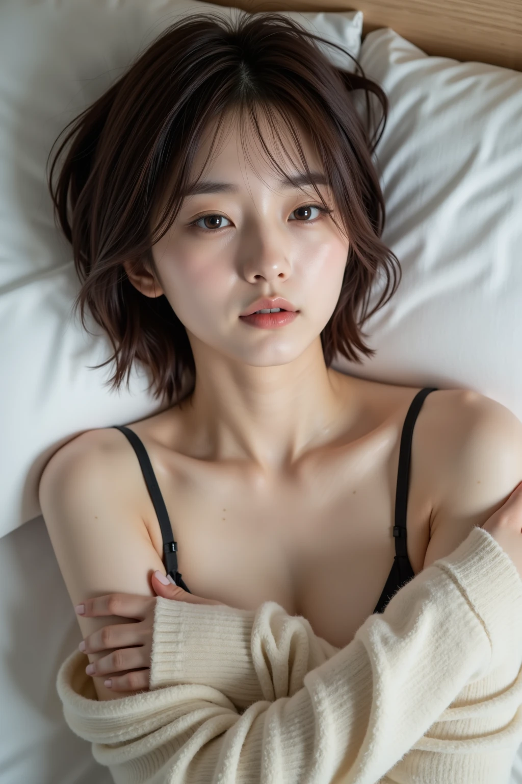 (highest quality, masterpiece:1.3), shape, ((Beautifully detailed face)), beautifully detailed skin, Intricate details, Very detailed, Best image quality in 8K, The true picture () (18 year old female model:bikini) (Small breasts), ,Japanese Girls,Baby Face,(Detailed Hair,Bobcut),bikini,Detailed lips,Open your mouth,(On my hands and knees in bed:1.3),blush,Embarrassing,Realistic Face,Realistic Skin,(sexy:2.0),(Moisturized Skin:1.2,Oily and moist skin:1.2),Lip gloss