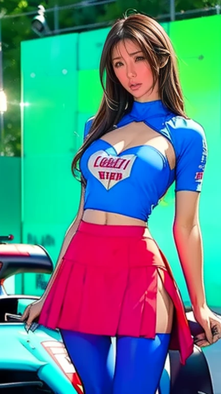 Arafed woman in red skirt and neon vest posing for a photo., the rave lasts, bold the rave lasts, Anastasia Ovchinnikova 3 - pieza, red uniform, madison beer, ariana brand, chica sexy, cute the rave lasts, shiny plastic bikini, soft devil queen madison beer