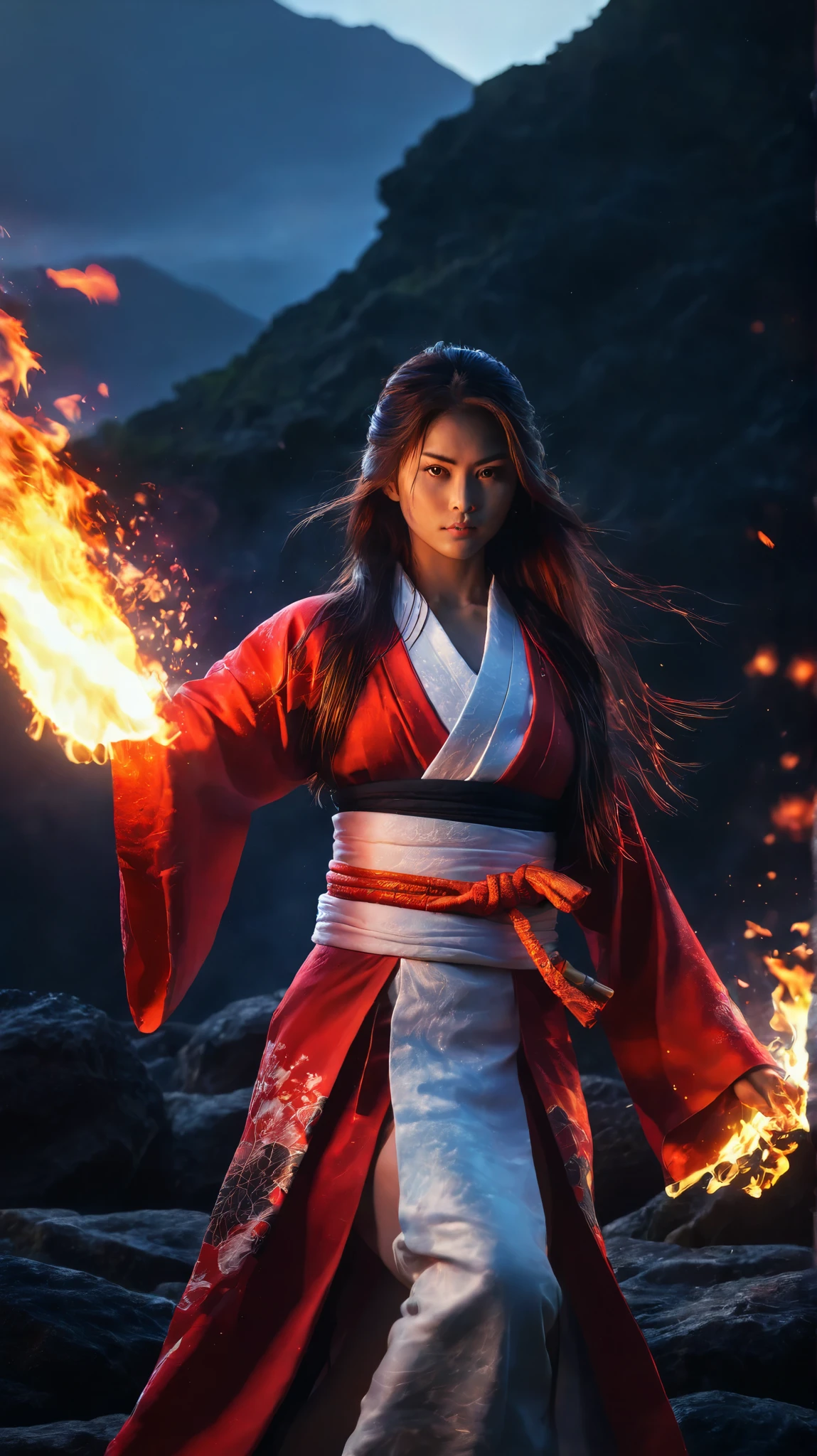 Live Wallpaper 4K High Definition, Long Haired Girl With Fire, His Body Is Flames, He Stands In Front Of The Fire, Samurai Warrior Guardian In Red And White Kimono, Realistic Human, CG Animation, Mana, Indian Warrior, Unreal Engine, High Performance, Scary Demon, Beautiful Woman, Lens Flare, Volcano