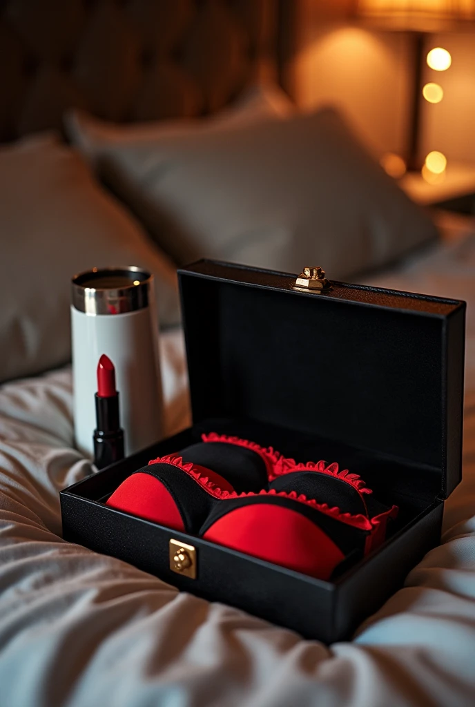 A mysterious metal box with carvings on the outside. An inscription in a strange language on the forehead. The old hand-sized box is on top of a black lace thong on the bed.. The panties have a sparkling black bow in the sample. Behind the box, a glass of wine standing up and another lying down. A red rose laid on the box. Some petals on the bed. Blurred room background. The silhouette of a woman's naked back reflected in a glass of wine
