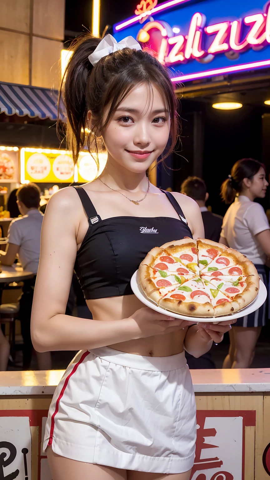 (frombelow:1.4)、((1girl in)),Light Brown Fringe Hair、Braided hair、disheveled hair、Light brown eyes、(dignified expression)、(爆乳:1.4)、Emphasize the valley、(Photorealsitic)、(intricate detailes:1.2)、(masterpiece、:1.3)、(top-quality:1.4)、(超A high resolution:1.2)、超A high resolution、(A detailed eye)、(detailed facial features)、
(restaurant, woman samurai, Standing, Holding a tray with pizza in your hands:1.2),
(tight-fitting clothes:1.2), (Tight white tank top:1.4), (Wearing a white tank top:1.1), (More Tangerine Orange Yoga Shorts:1.4),(Owl print on tank top), (Plank Neckline:1.2), Bare shoulder, plump thighs,(Red cheeks:1.2)