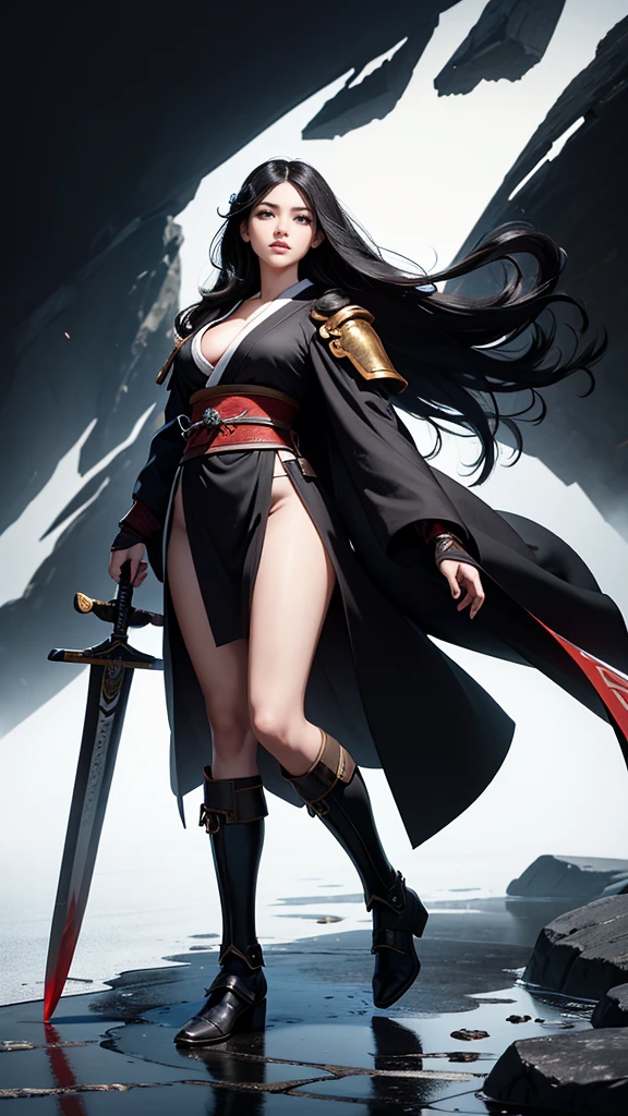 black long hair woman,Japan Armor,cleavage,Hood cloth,Bare Legs,barefoot,Japanese Shrines