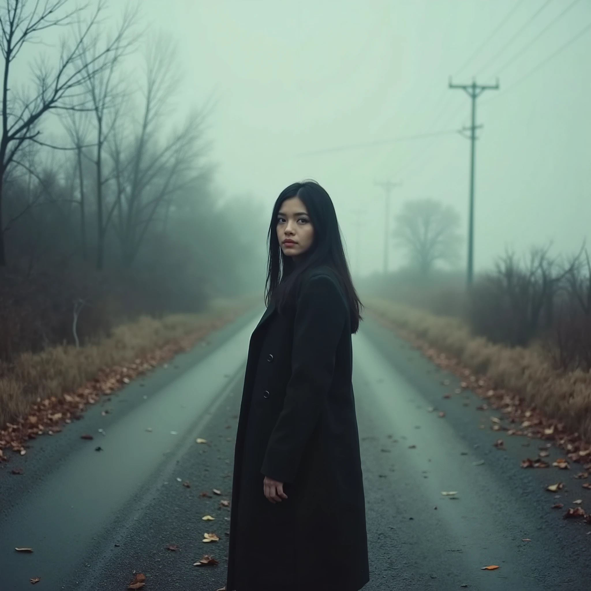 Cinematic photography, eye-level view of a young woman standing on a desolate dirt road covered in dry, scattered leaves. She wears a long, dark overcoat that drapes over her frame, blending with the somber atmosphere. Her body is slightly leaning back, one arm extended behind her, and her head turns to face the camera — her expression a mix of longing and quiet defiance. The scene is shrouded in thick, rolling fog, softening the outlines of the barren trees and lifeless shrubs that line both sides of the road. The background fades into an eerie void, as the road disappears into the mist. Muted, cold colors dominate the palette — shades of gray, deep brown, and black — with the subtle orange of the fallen leaves adding a faint, dying warmth. The lighting is soft and diffused, with no harsh shadows, as if the sun is an absent figure behind the fog. Shot from a slightly low angle, the image conveys a sense of movement and isolation. The shallow depth of field keeps the woman in sharp focus while the misty background blurs into obscurity, adding depth and a touch of mystery. The air feels heavy, and the scene exudes a melancholic, cinematic quality.