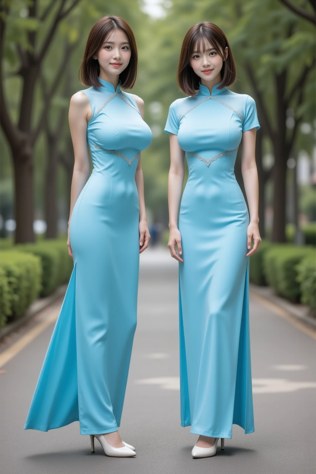 Highest quality、masterpiece、、Very detailed、Realistic、(Two Girls)、(Looking at me with a mischievous smile)、whole body、Small face、Narrow shoulders、(Big Breasts:1.2)、Thin and beautiful legs、Tight and slim waist、(Ao Dai:1.1)、Short Hair、(Erect nipples:1.1)