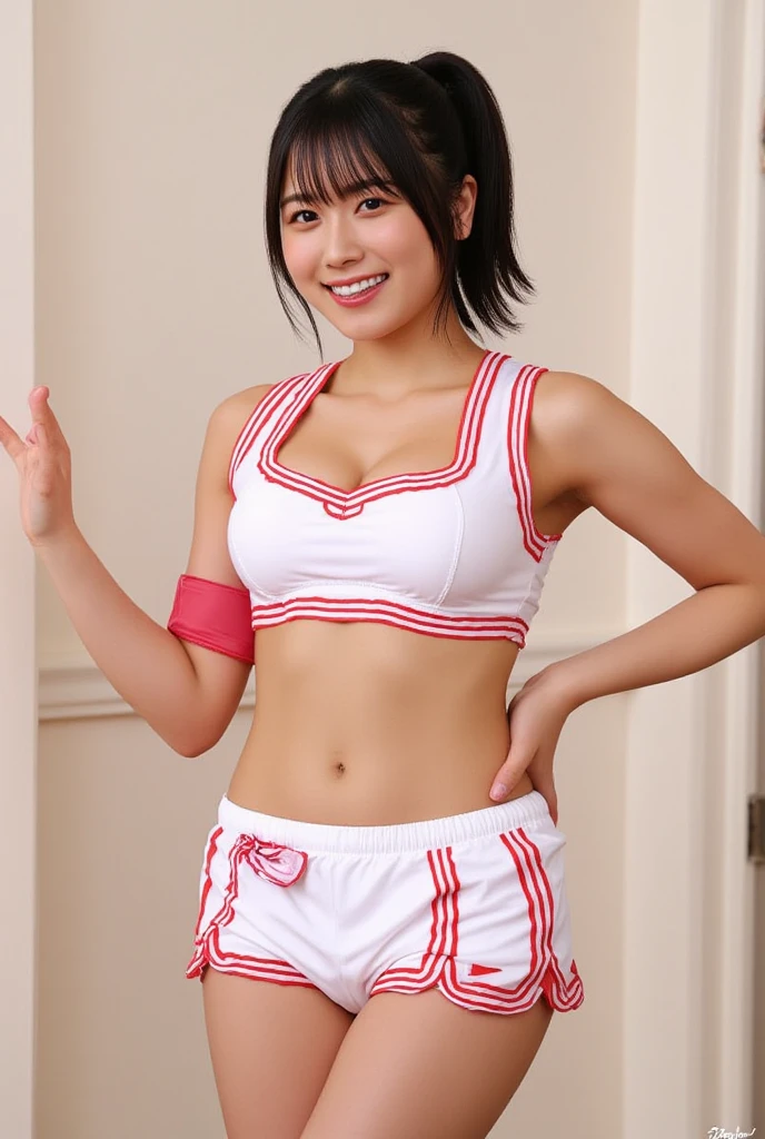 miyamizu_mitsuha、Red bow tie、 jewelry、White Yoga Crop Top、White Yoga Tight Shorts、Hands on chest、See-through、Looking at the audience、hair ornaments、choker、Shy、 (masterpiece、highest quality、highest quality、Official Art、Beautiful and aesthetic:1.2)、(One girl)、Very detailed、colorful、Best details、 (Big Tits:1.2、Cowboy Shot、From below、Cameltoe、)White panties、Thigh 、In downtown China City、sun、cloud、wall、Tilt、