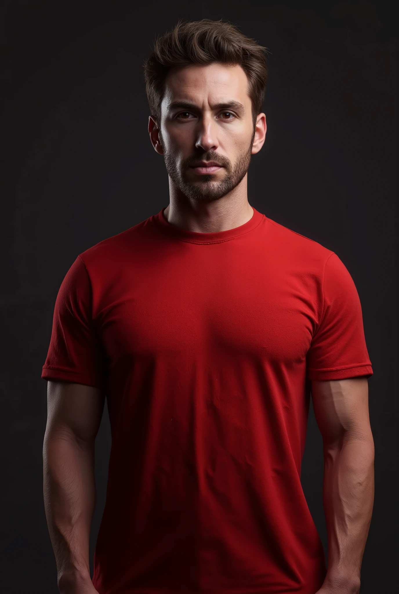 ((RAW Photo), absurd, (absurdresolution)), (Realistic) masterpiece, best quality, (Extremely detailed 8k unity CG wallpaper), (best illustration), (best shadow), Realistic lighting, beautiful detailed glow, ((18 years old)) man in red shirt, muscular, facing viewer, looking at viewer,