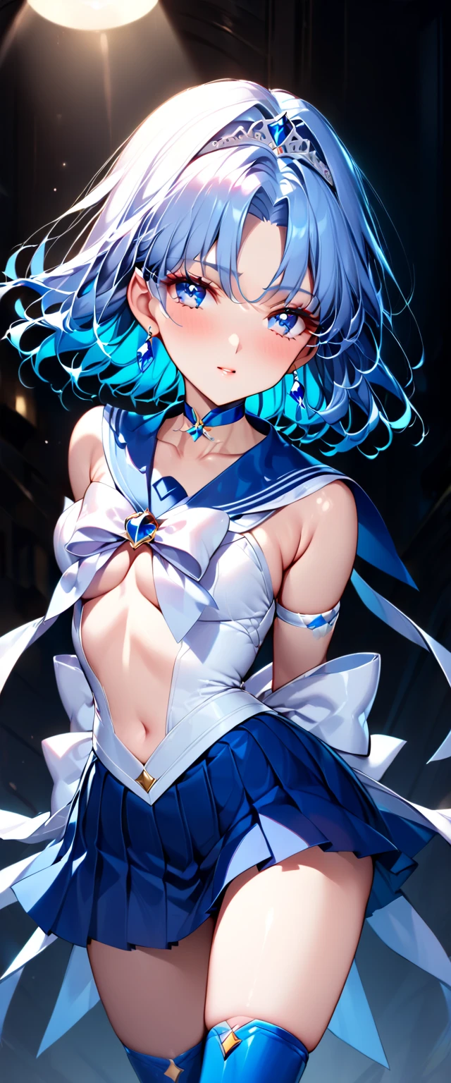 masutepiece, Best Quality, 1girl in, (Sailor Mercury),lightblue hair, (black eyes:1.2),((bunnygirl))、((leotard))、((embarassed expression))、((fullmoon))、((Photo from below))、(((pantyhose)))、((Short Hair Hair))、((White Long Gloves))、((open one's legs))、((rabbitears))、((tiarra))