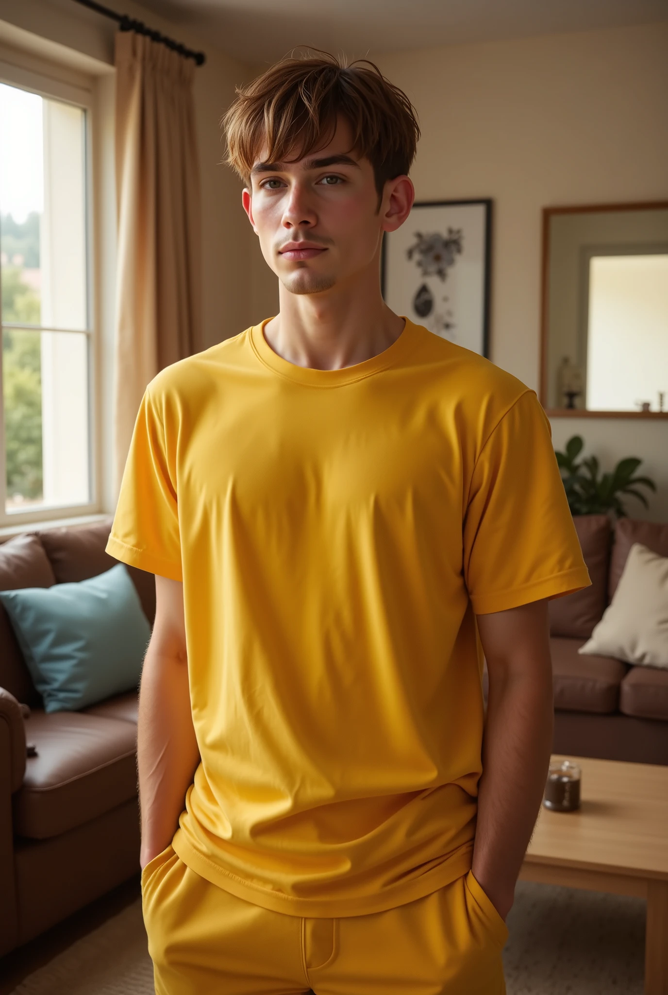 ((RAW Photo), absurd, (absurdresolution)), (Realistic) masterpiece, best quality, (Extremely detailed 8k unity CG wallpaper), (best illustration), (best shadow), Realistic lighting, beautiful detailed glow, ((21 years old)), man in yellow shirt, posing for picture, living room, short hair, daytime, yellow shorts, brown hair, strap shirt,