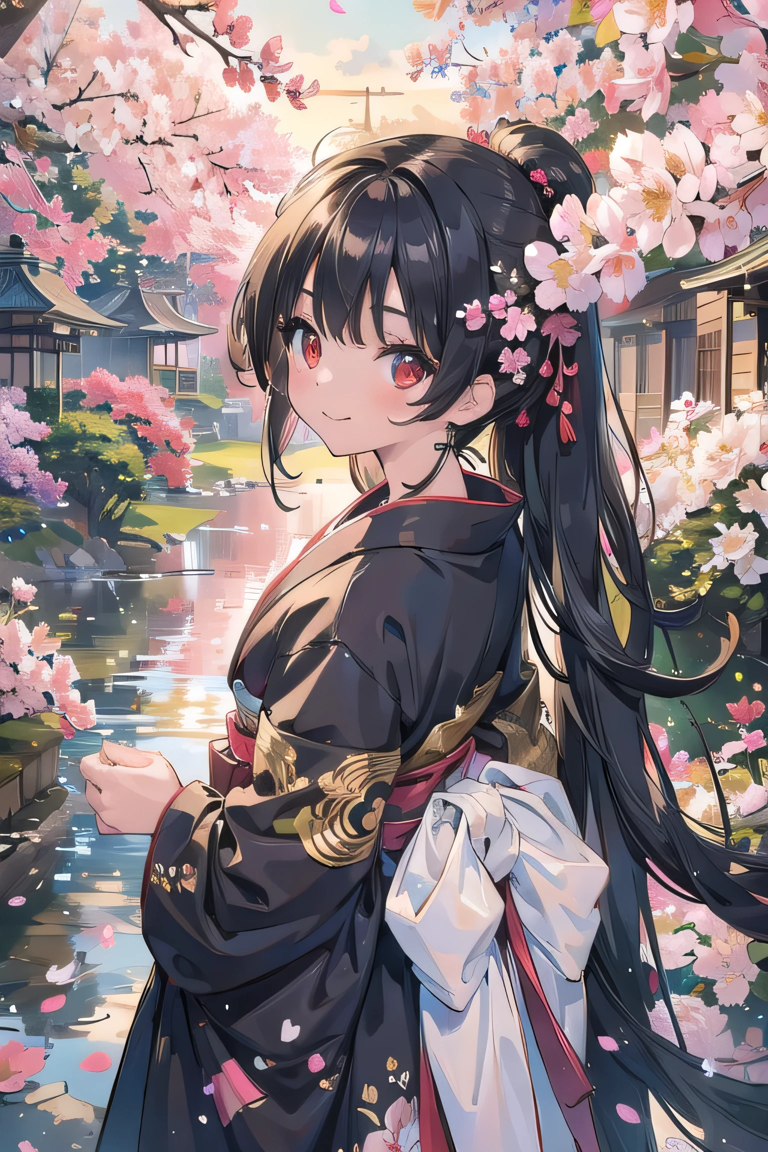 (masterpiece), Scenery, cherry blossoms Old Japan upper body, 1 girl, Adventurer clear Shiny black hair wheat-colored skin brown skin black robe kimono stupid hair Noble Long Hair scrapes up the hair red eyes petals flutter around the mouth staring at the viewer smile Belt Sword