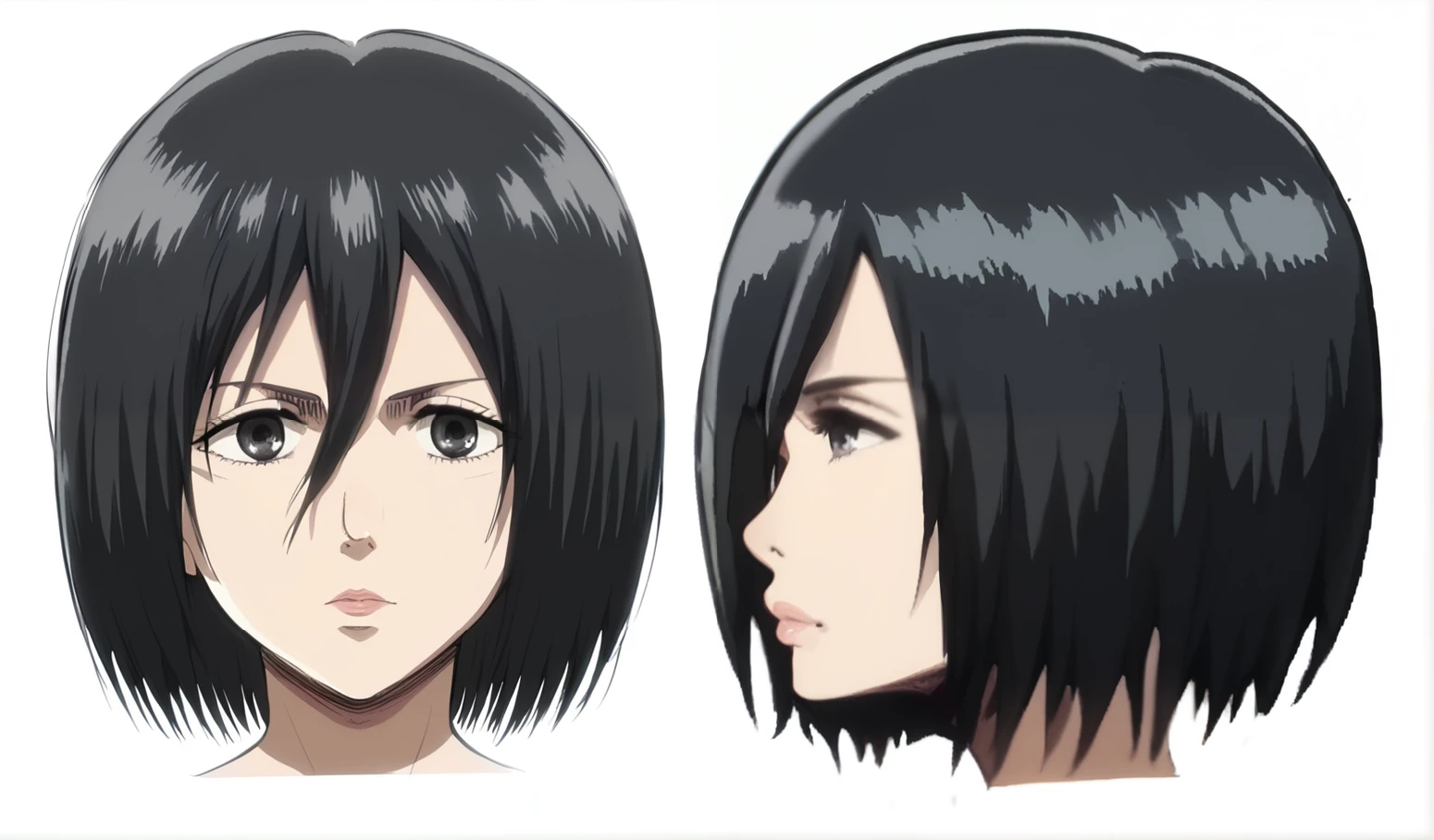 (((mikasa ackerman))), head, front and side view, detailed hair, dark gray eyes, nose, nostrils, lips, neck, (front and side view symmetrical to each other), high quality, (detailed body), ((Attack on Titan style)),