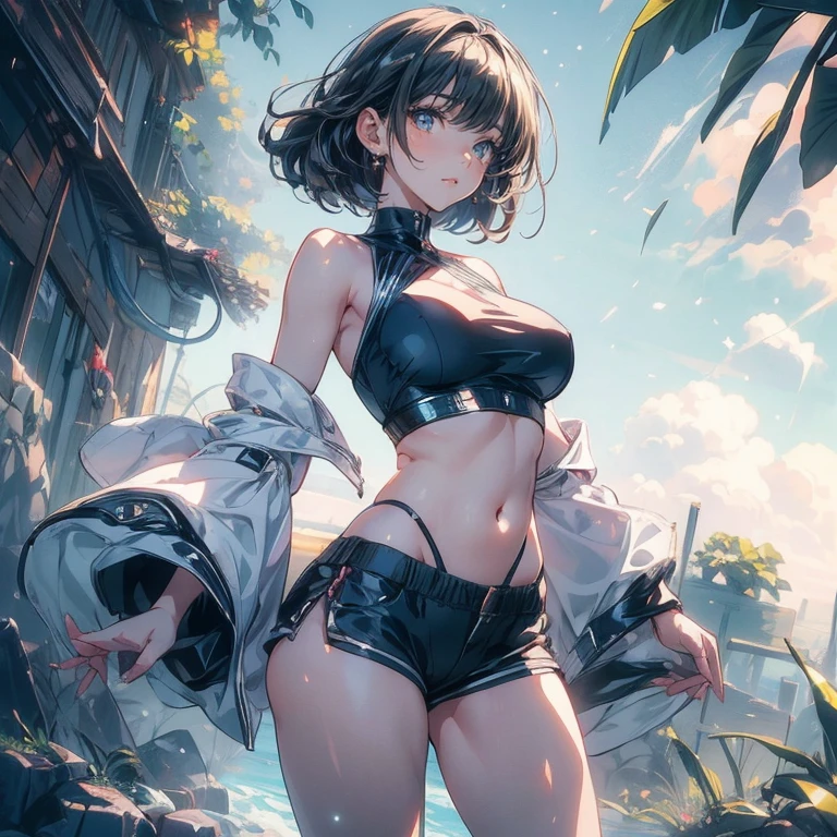 22 years old, (milf:0.8), (solo:1.5), (sfw:1.25), cute breast, beautiful breasts, medium tits, thin waist, big ass:1.0, Raised sexy, (beret, black jacket, open clothes, cleavage, midriff, black shorts, black thighhighs, thigh strap, fingerless gloves, single glove:1.2), blue eyes, light smile, big , Revimpling fabric, earrings, Hand gloves, detailed face,(smoking:1.3),long hair,side ponytail,hair between eyes,bangs,detailed and beautiful eyes,beautiful detailed lips,Rolling her eyes,manner,hair over one eye, (ultra high resolution, 8K RAW photo, photo realistics, thin outline:1.3, clear focus), best qualtiy, natural lighting, textile shading, field depth, (Bright pupils, fine detailed beautiful eyes with highlight:1.3, high detailed face), Red lip, fine realistic skins:1.1, looking down viewers:1.3, (dynamic angle:1.3, front view:1.1, breast focus:1.3, from below:1.2), (dynamic posing:1.5, sexy posing:1.2),Youghal, side lock, hair ornaments,nice,garden background,artistic rendering,Super detailed,(highest quality,4k,8K,High resolution,masterpiece:1.2),Bright colors,studio lighting ,at military base in usa