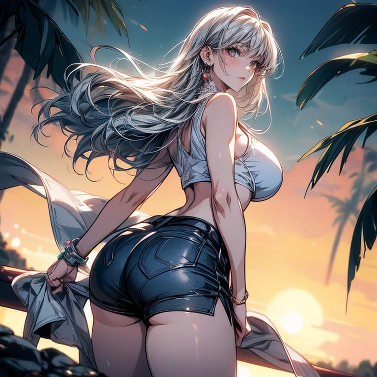 Super detailed、highest quality、Best image quality、masterpiece、8K、Sparkling Blue Eyes、Anime Face、A kind smile、Long blonde curly hair、(SFW huge body)、(((Rear view)))、Cowboy Shot、(Wearing a white thong:1.5)、Muscles of the whole body、Wearing a white headband