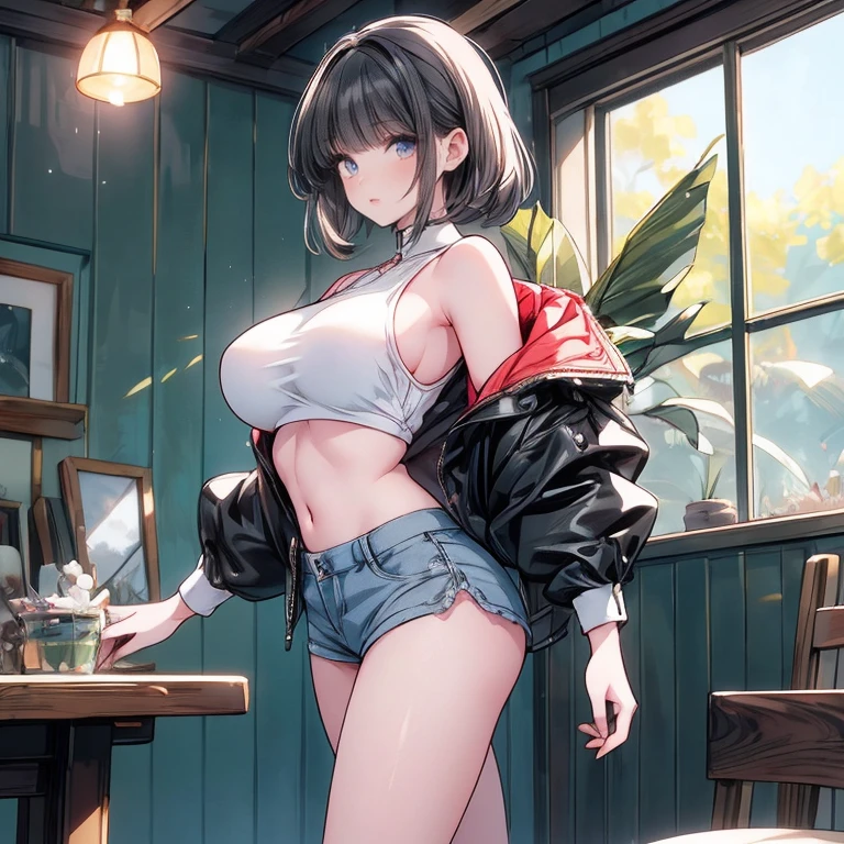 1girl, bangs, bare shoulders, belt, between breasts, black hair,long hair,high ponytail,ponytail,orange eyes, blush, breasts, bubble tea, bubble tea challenge, cleavage, cup, disposable cup, drink, drinking, drinking straw, eyebrows visible through hair, hair between eyes, hairband, large breasts, looking at viewer, midriff, navel, object on breast, short hair, shorts, skindentation, smile, solo, thighhighs, thighs, white legwear, window