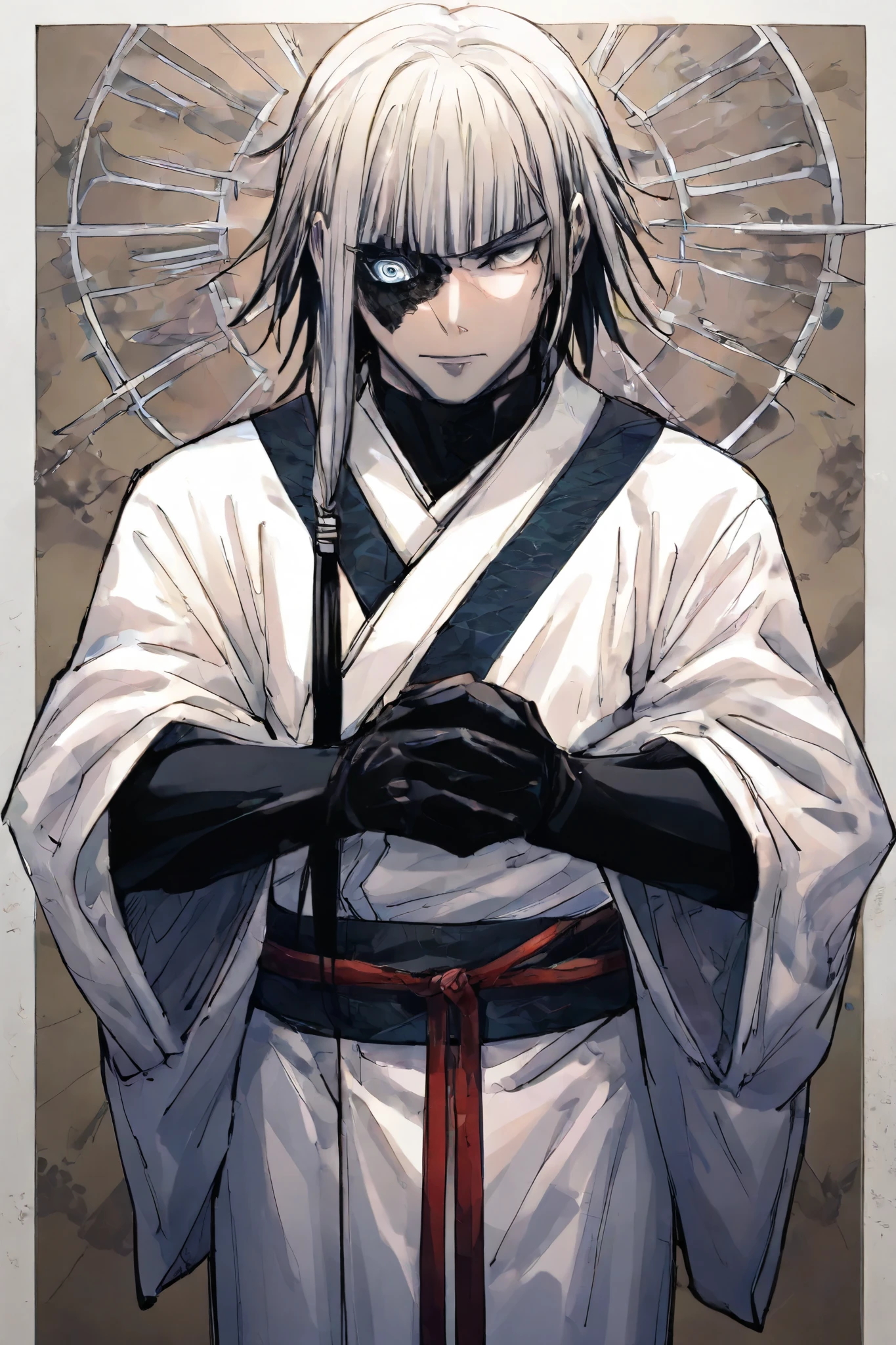 style: Faithful to Danganronpa, with a striking and stylized design.
hair: Silver and long , with asymmetric locks and a fringe that partially covers his left eye.
eyes: deep blue, almost hypnotic , with an icy sheen.
Clothes: He wears a white coat with details in light blue and silver, similar to a modern kimono. His hands are usually covered with black gloves and a small chisel hangs around his waist.