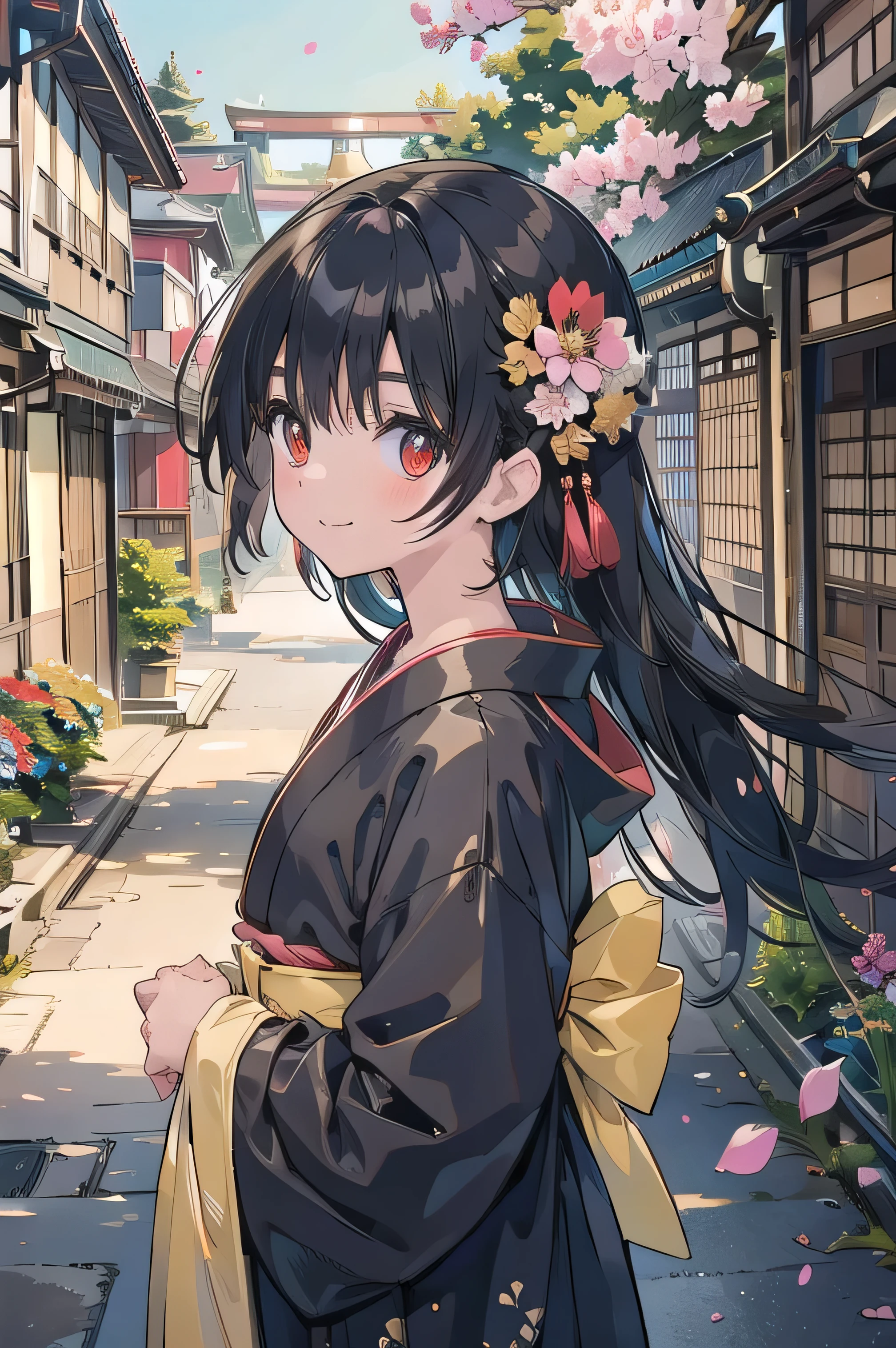 (masterpiece),  Scenery,  Kyoto Streetscape　Old Japan　upper body, 1 girl, Adventurer　 clear 　Shiny black hair　wheat-colored skin　brown skin　black robe　 kimono　stupid hair　Noble Long Hair 　 scrapes up the hair　red eyes　petals flutter around the mouth　staring at the viewer　smile　Belt Sword