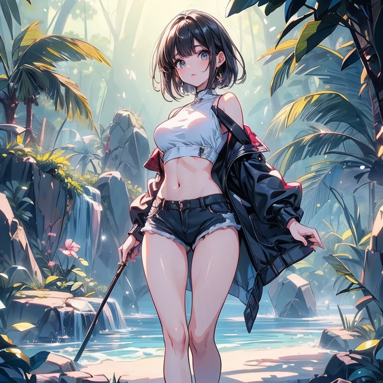 masterpiece, best quality, 1girl, stubby horns, swimwear, very short hair, grey eyes, green hair, thirsty, white skin, polka dot background, sword and sorcery <lora:stubby_horns:0.8>