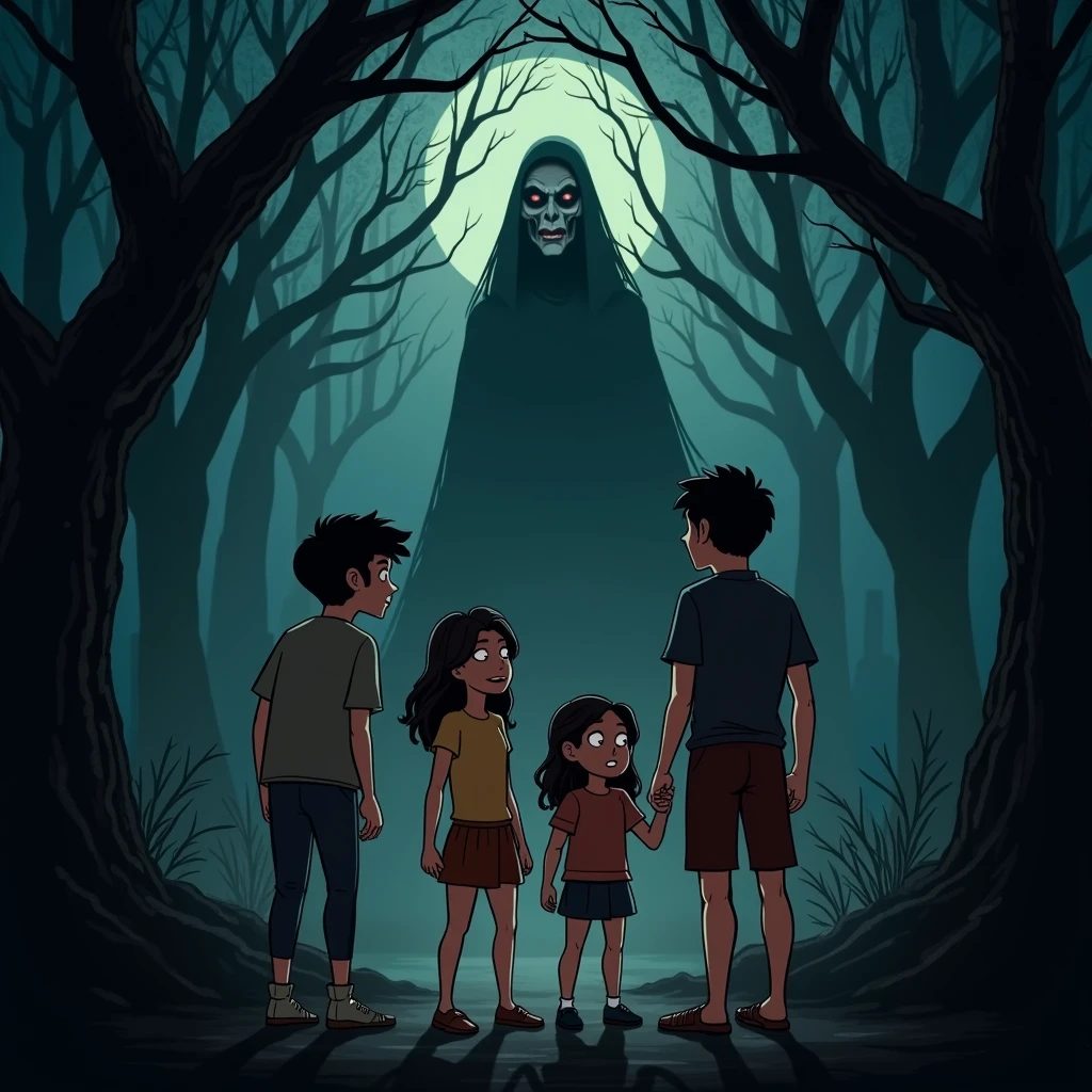 A somber and mysterious setting. No fundo, the dense and dark Devil’s Tramping forest, with tall, twisted trees shrouded in fog. a school bus, partially visible, parked at the edge of the road leading to the forest.

En el centro de la imagen, A group of four young people, 3 boys and 1 girl, are in an alert pose., looking with an expression of concern and fear. Jack is ahead, with an expression of urgency.

Above the group, a menacing silhouette with a mask and a bloody knife, partially obscured by fog.

