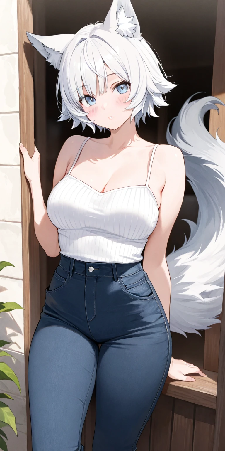 Masterpiece, Super high-quality computer graphics, Best quality, perfect image, beautiful eye details, very detailed, ultra detailed, one, (1 woman), She is in a shirt and jeans, in an elegant pose, super mature, tall, mom, mature mother, super long hair, bright white hair and bangs on the sides, white wolf ears and white wolf tail, beautiful, charming, bright blue eyes, elegant, big breasts (huge), kind smile, charming, dark background, daring atmosphere against the background of nature and forest.