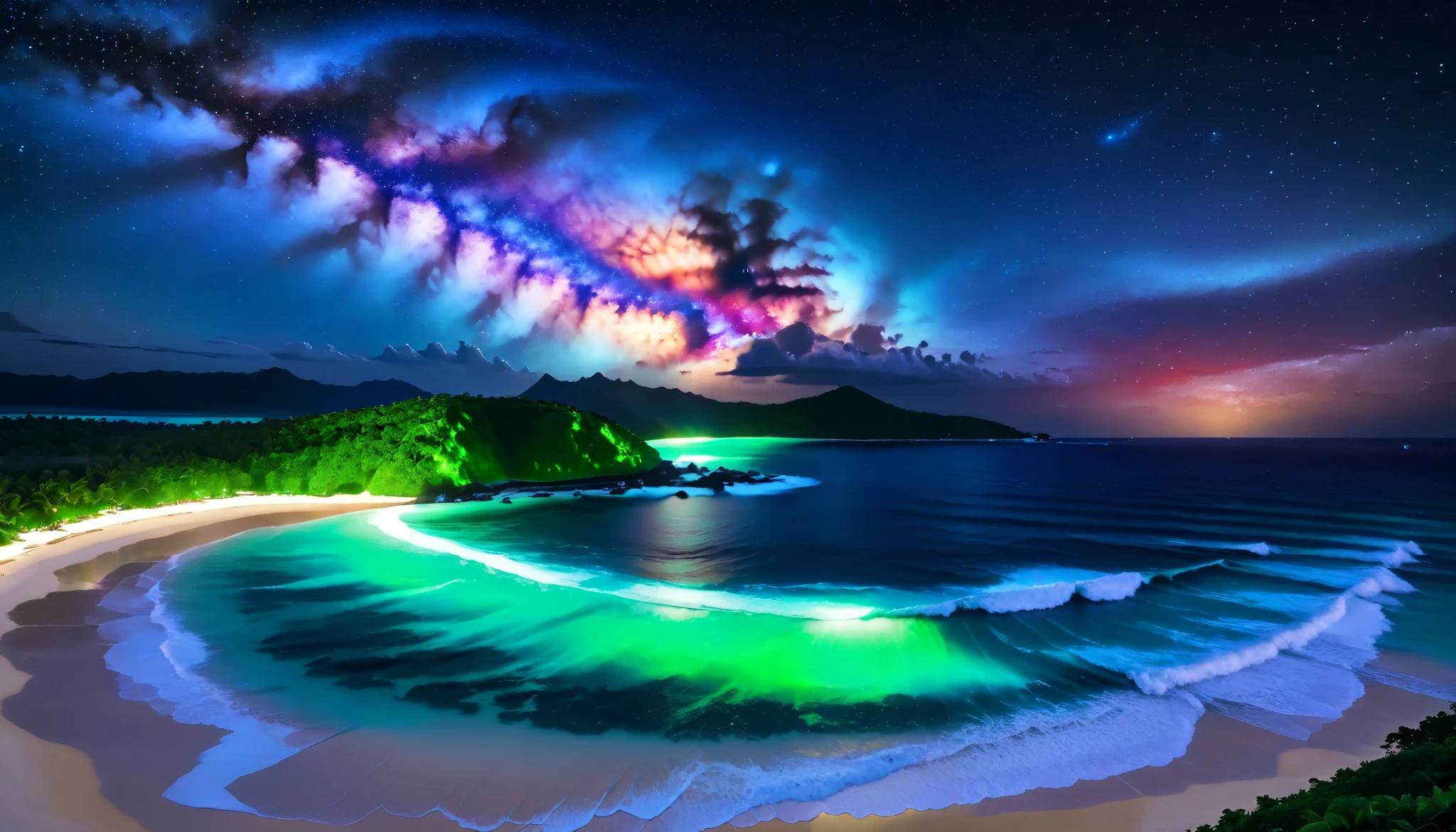 超high image quality during sick leave,high image quality during sick leave,high quality,Spectacular views at night,Tropical Beach, light green to bright green ,The ocean breeze is blowing,blue fluorescent beaches expand spectacular ocean views,Blue light shines on big waves, very mysterious and beautiful ,Glowing Waves , night light appears on waves , emits ,Biofluorescence,Various microorganisms are the light source, that shines steadily , shows all kinds of light ,Glows from blue to bright blue-green、 fiery red , Ndulu Island also has 、There are also dark purple and orange single-light beaches, Maldives,The shining Milky Way Galaxy is clearly visible in the sky,