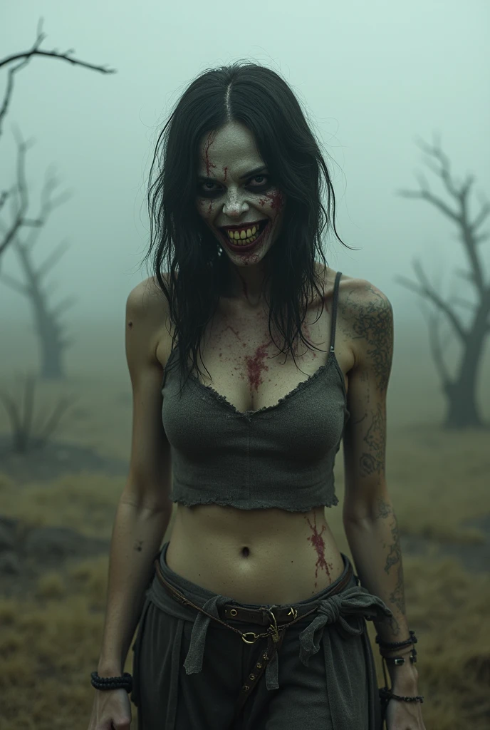 (masterpiece, best quality:1.2), ((RAW photo, Best quality)), (Realistic, photo-realistic:1.2), (((Michonne a black woman, a corpse (((hotting zombie))), (((blood, hottinig face))) , hole on face, long dreadlocks hair, ((horror, creepy)) , night, (((White eyes))) . , angry. ((( Exposed brain))), ((gray or greenish skin)), wounds, empty eyes, torn clothes, slow movements, guttural noises, aggressive and cannibalistic behavior. Cinematic lighting.