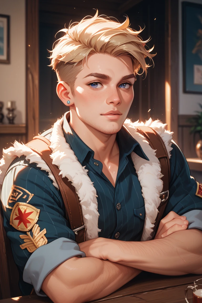 (dramatic illumination, dynamic angle, intense color contrast), [(muscular young man with very short blond hair and stubble, olive skin, blue eyes: 1.2), (wearing green polo shirt with orange trim and blue jeans: 1.1), (lounging in a high-backed chair like a king: 1.2), (looking arrogant: 1.2), (looking sinister: 1.1)}, (dramatic lighting, dim lighting), watermark,