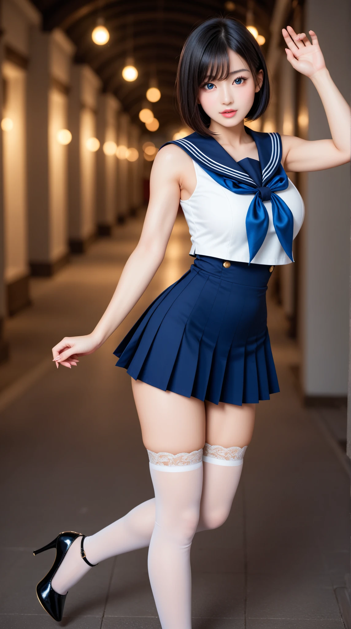 (reality: 1.4),highest quality, masterpiece, high detail, 16K quality, beautiful, 1 beautiful girl,japanese,super beautiful face,baby face,japanese idol face,cute face,super detailed face,detailed hand,beautiful skin,oily skin,big eyes,profeccional lighting,short hair,black hair,brown beautiful eyes, big smile,standing, (skirt lift),big breasts,(sailor suit),(checked skirt),white panties,(showing panties),black high socks,spread legs, she is looking at the camera,Skyscraper rooftop,blue sky, nsfw,from front,