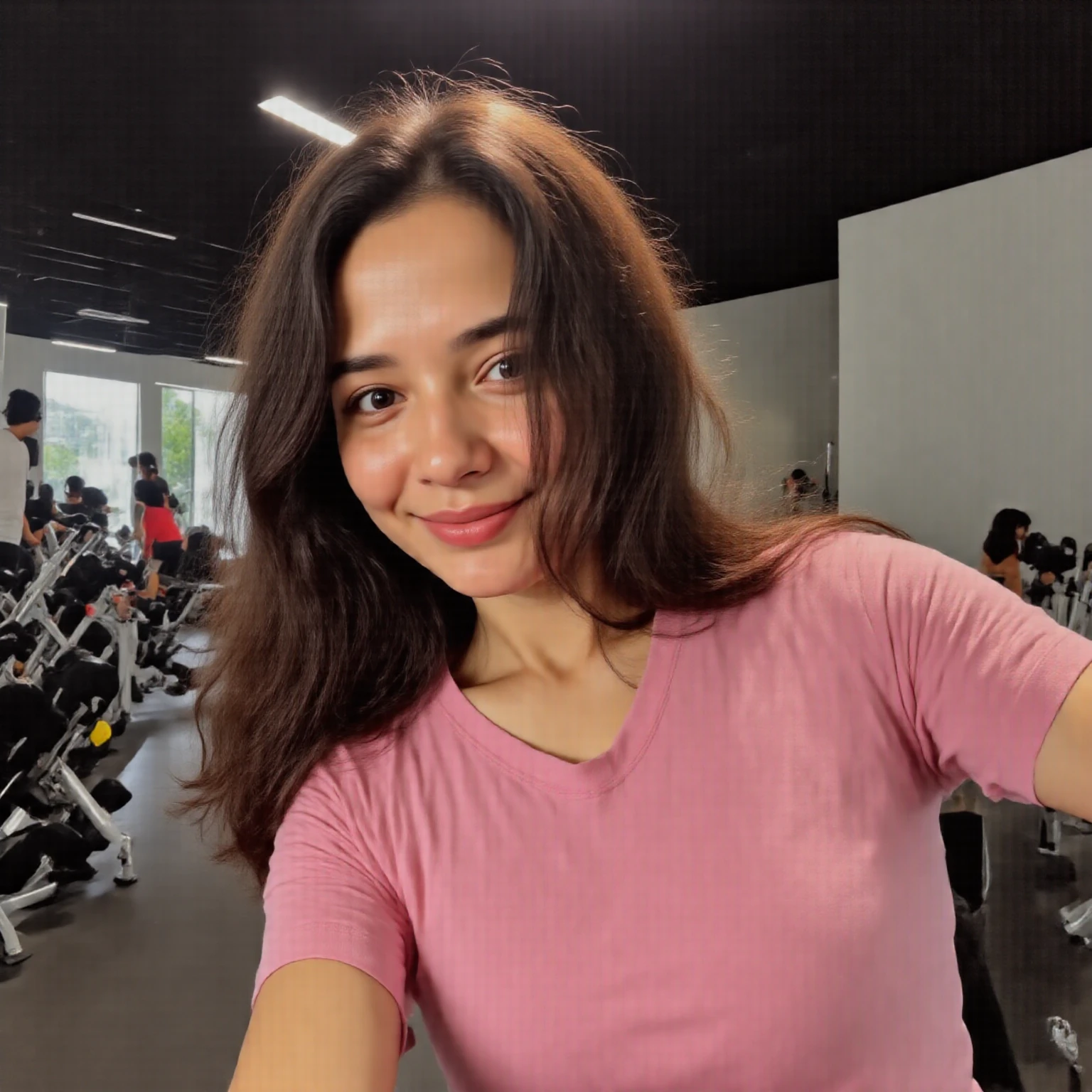 Beautiful wornan, 20 years okt, with a smile on their face, red hair, , taken with iphone camara BREAK medium shot seihe of a pretty young woman BREAK (ombre:1.3) bland e pink BREAK tim grain, medium quality in gym clothes at the gym, a Selfie.