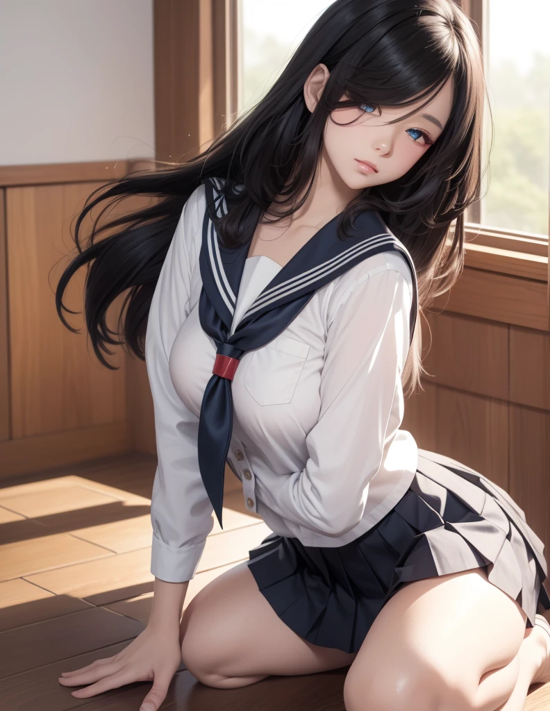(1 woman), (Micro thong), (((under boob))), ((Crop Top shirt)), ((spread legs, one knee up)), (Sailor school uniform only for the upper body), (white short shirt), summer clothes, ((Red Ribbon Tie)), (((sheer white long thigh-high socks))), (((long gloves))), masterpiece, Best Quality, High quality, High Definition, Finely detailed, Detailed texture, realistic representation of face, Realistic, Colorful, Ray tracing, (((lighting forward))), ahegao, sad, smile, (((crying))), (drooling), (((steam))), (glowing eyes), (Detailed beautiful delicate face, Detailed beautiful eyes, A perfectly proportioned face, High detailed skin, best ratio four finger and one thumb, (((Glowing white shiny skin))), (oiled skin), (large breasts), ((Smooth texture, Realistic texture, Photorealistic)), ((Green eyes)), (((brunette hair))), (Beautiful face, Cute face, Detailed face), on a bed