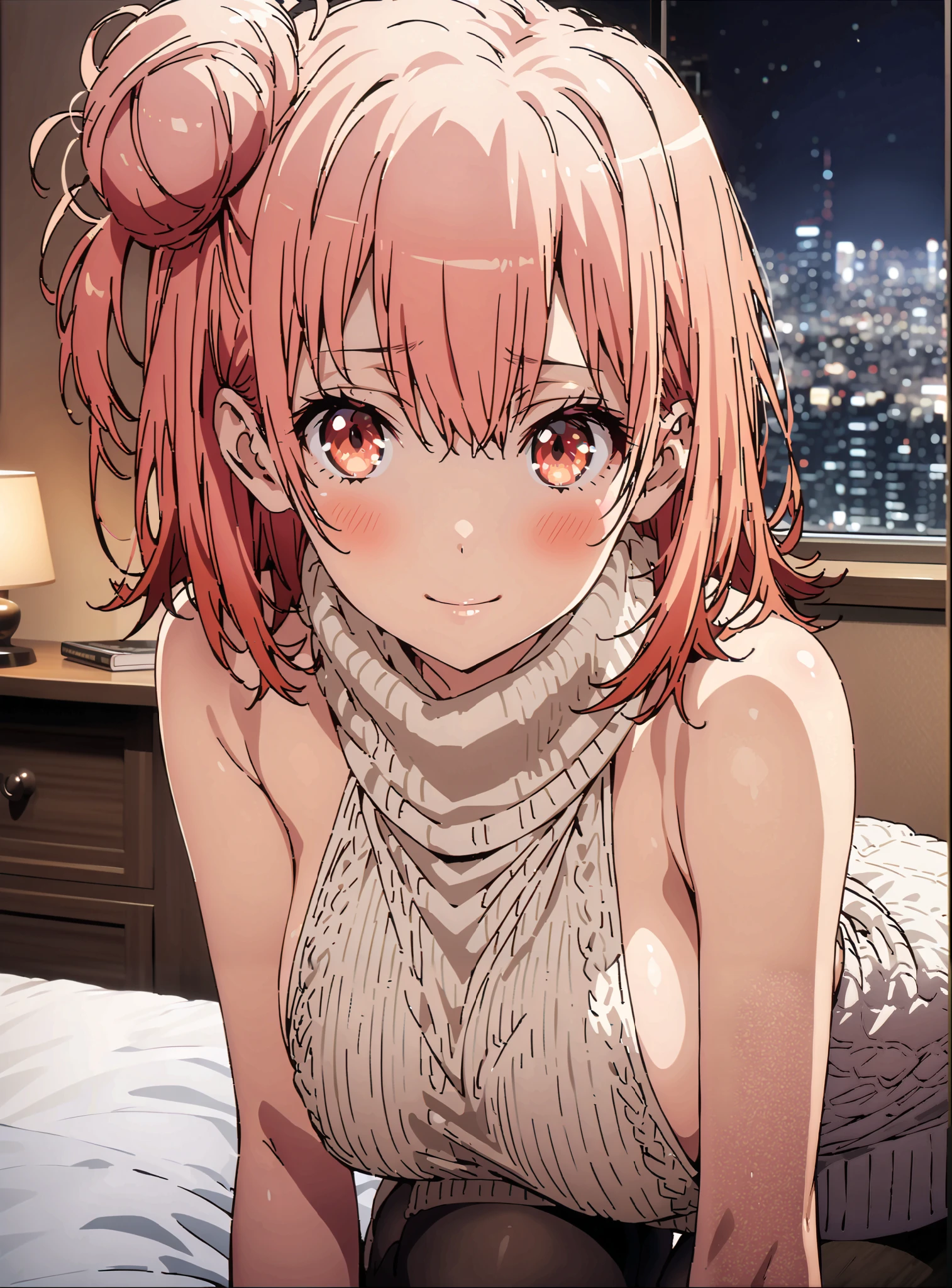yuiyuigahama, Yuigahama Yui , short hair, brown eyes, ピンク色の髪, hair bun, single hair bun,Big Breasts,
Virgin Killer Sweater, Naked Sweater, sweater dress, Open back clothing, turtleneck sweater with Viki under clothes, backless dress, sideboob,Black Pantyhose,bending forward,sitting on the bed,blush,shy,seductive smile, Interior ,Beautiful cityscape, beautiful night view with depth,full bodyがillustration for both eyesに入るように, break indoors,bedroom,
break looking at viewer,full body,
break (masterpiece:1.2), top quality, high resolution, Unity 8K Wallpaper , (illustration for both eyes:0.8), (Beautiful Detailed Eyes:1.6), very detailed face, perfect lighting, extremely detailed CG,full body写真, (perfect hand, perfect anatomy),
