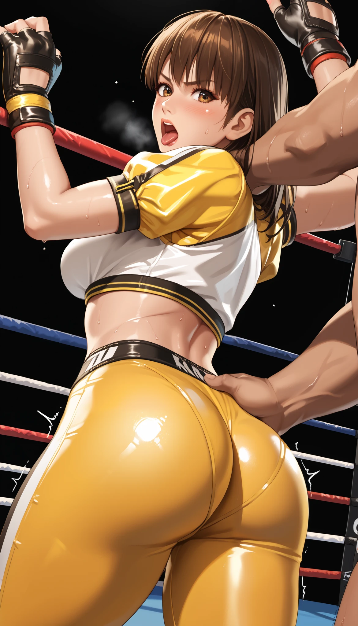 masterpiece, best quality,1 beautiful woman vs 1 defeated man, woman mount position on top of a male opponent who's face is lying on his back, thighs choke and mount-punching hard to face, t-shirt side-tie panties knee high boots costume active fighter, fighting gloves, open mouth, seductive grin smug smile, looking down, glistening shiny skin, light-brown hair, sweat, male opponent frightened struggle by being oppressed, back angle, from below, focus steaming butt, depth of view, at MMA ring
