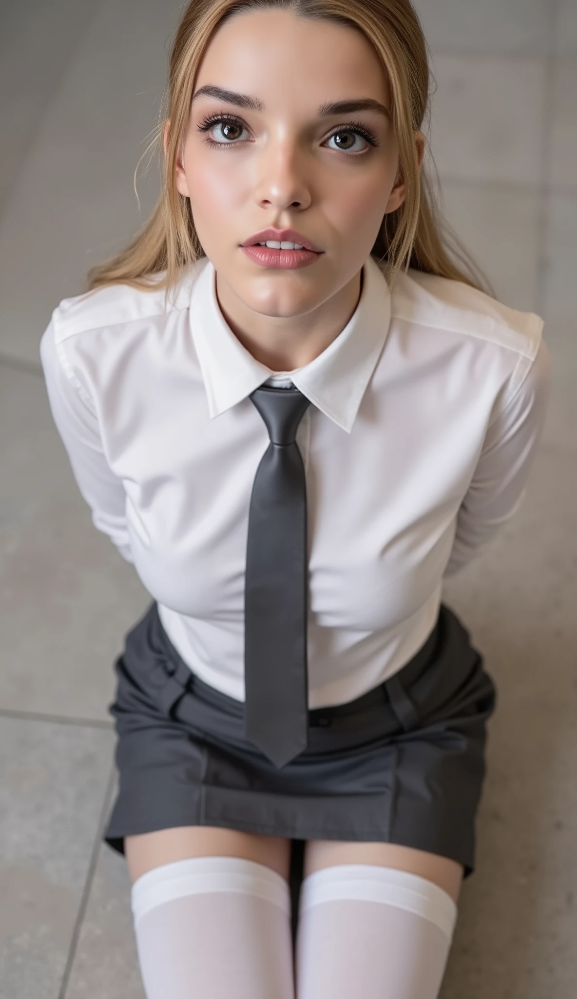 Realistic photo from above of the “photographer’s own knees”. Between the knees is a slim pretty 1 Caucasian woman kneeling and “looking up towards the camera”. She has light-brown hair in a pony-tail. She is wearing “a tight white formal shirt”, “a shiny dark-grey tie”, “a dark-grey pleated miniskirt”, and “long thigh-high thick white stockings”. She has both hands behind her back. 