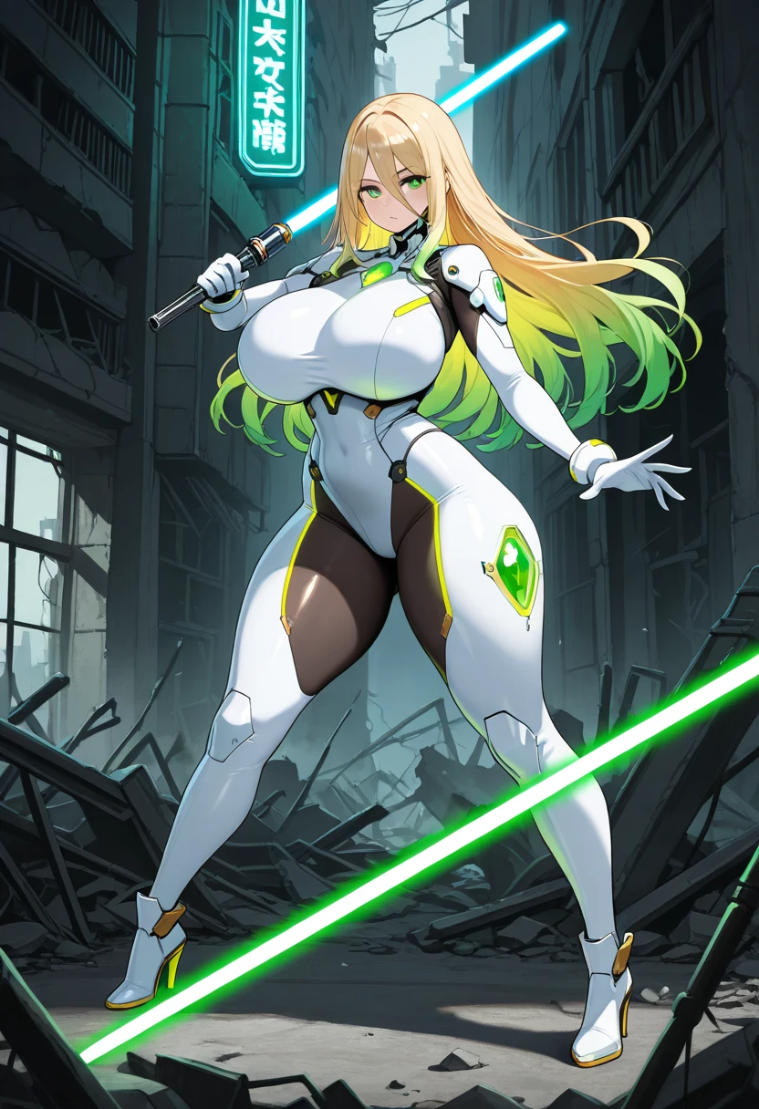 1girl, green eyes, blonde hair, long hair, large breasts, hourglass figure, bodysuit, white bodysuit, neon, neon trim, machinery, tech, science-fiction, futuristic, serious, standing, full body, ((full body)),, pantyhose, black pantyhose, wavy hair, fighting stance, robot girl, sword, lightsaber,